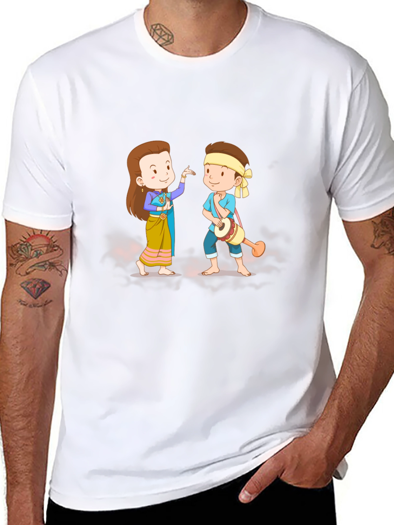 Thai Dance Cartoon Graphic Black T-Shirt