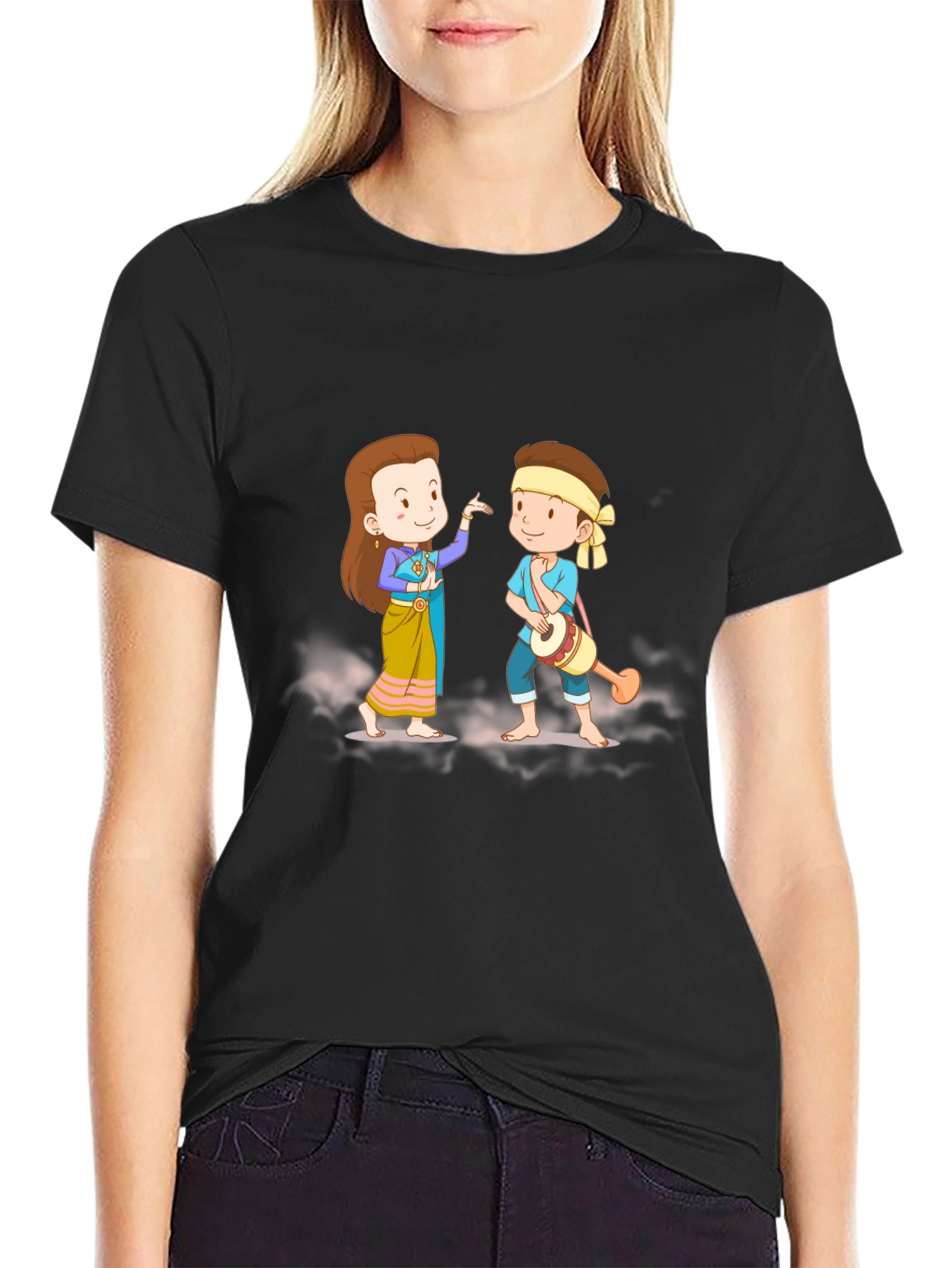 Thai Dance Cartoon Graphic Black T-Shirt