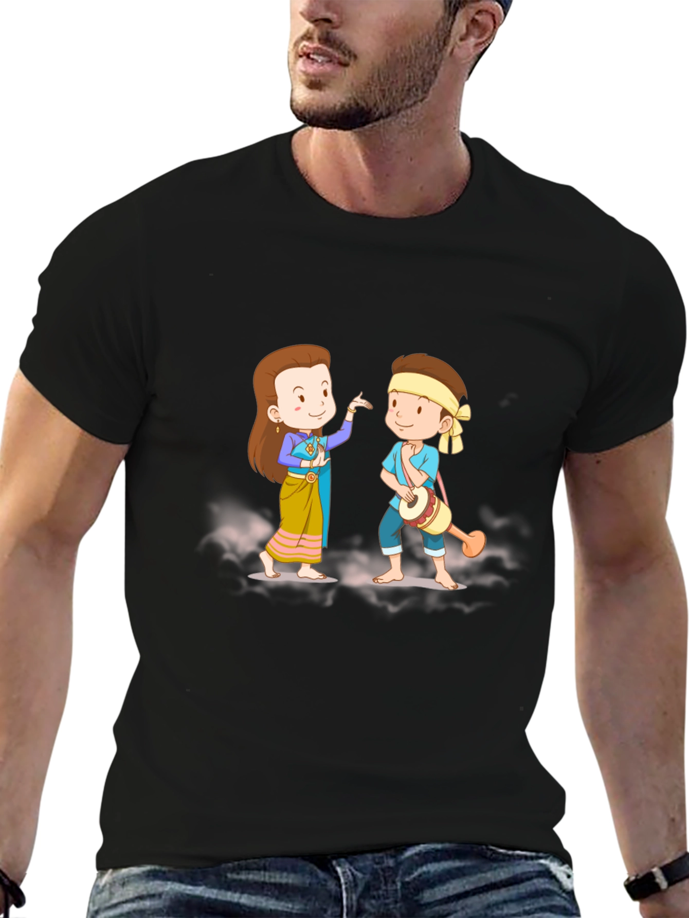 Thai Dance Cartoon Graphic Black T-Shirt