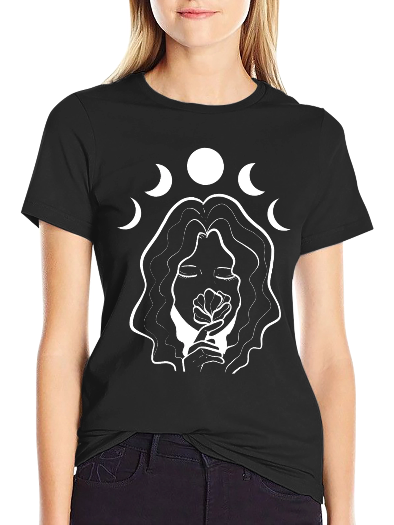 Moon Phase Woman Graphic Tee - Stylish Black T-Shirt