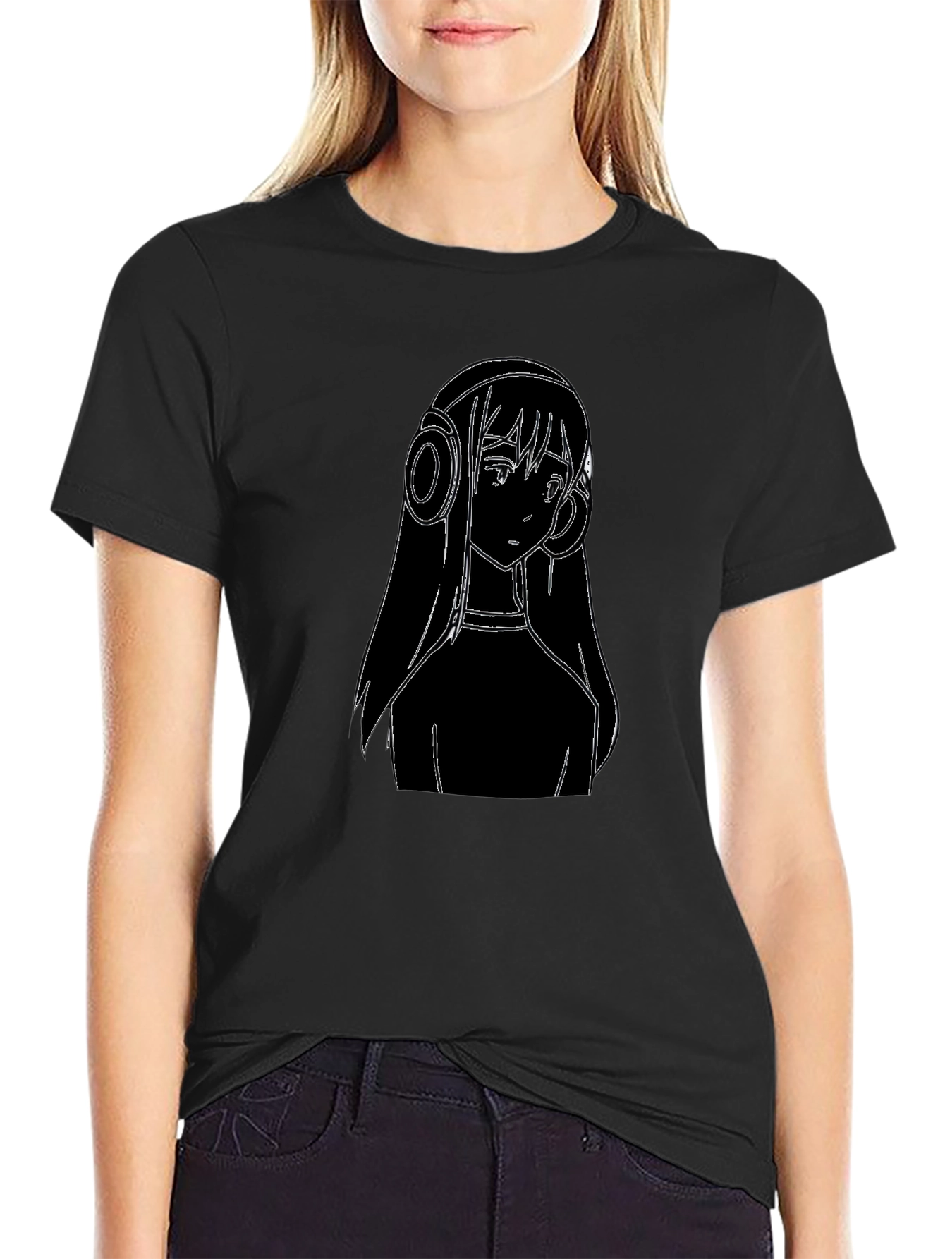Anime Girl Headphones Graphic Tee - Black Cotton T-Shirt