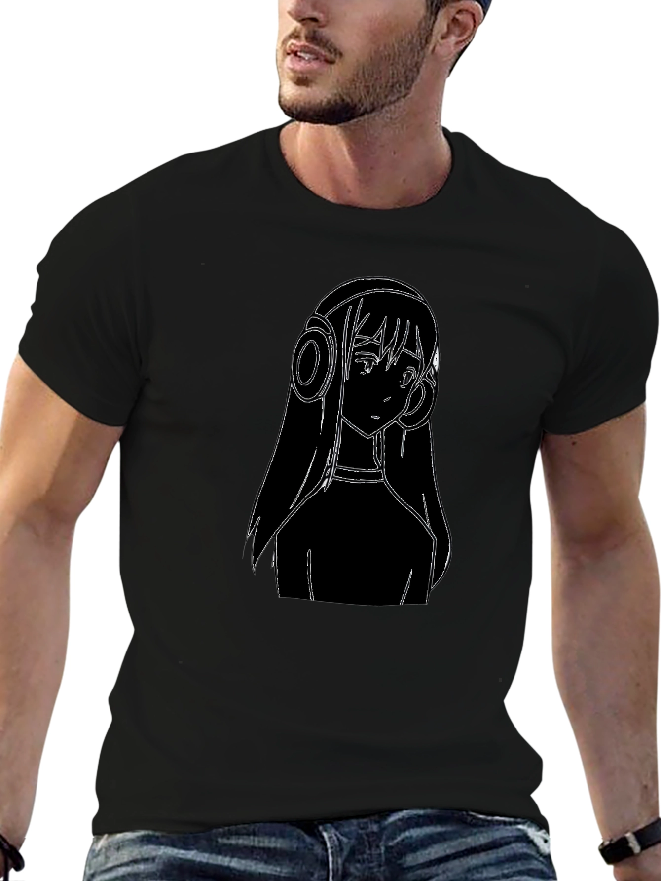 Anime Girl Headphones Graphic Tee - Black Cotton T-Shirt