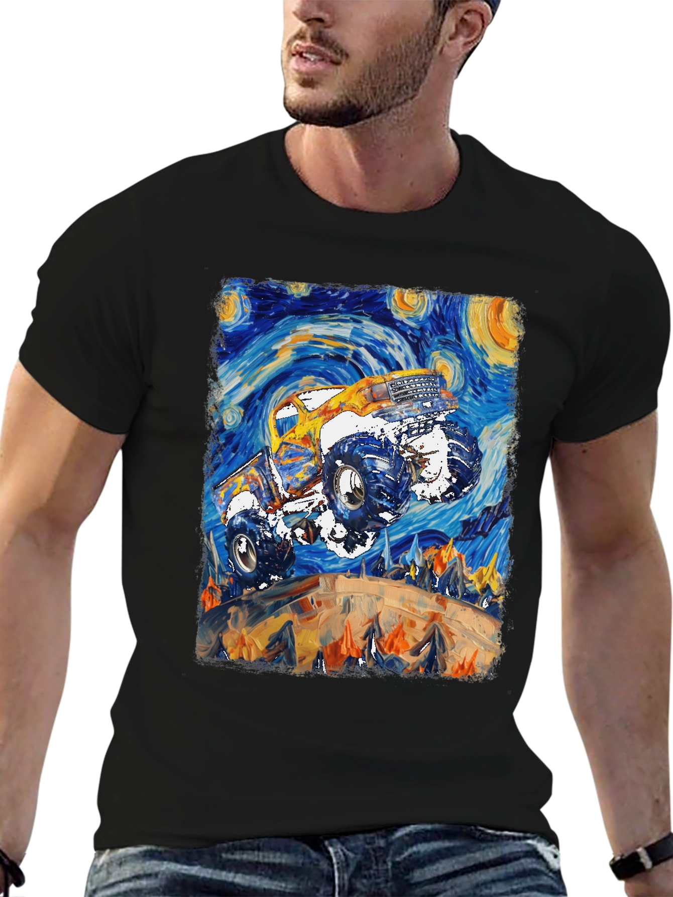 Monster Truck Starry Night Art Graphic T-Shirt