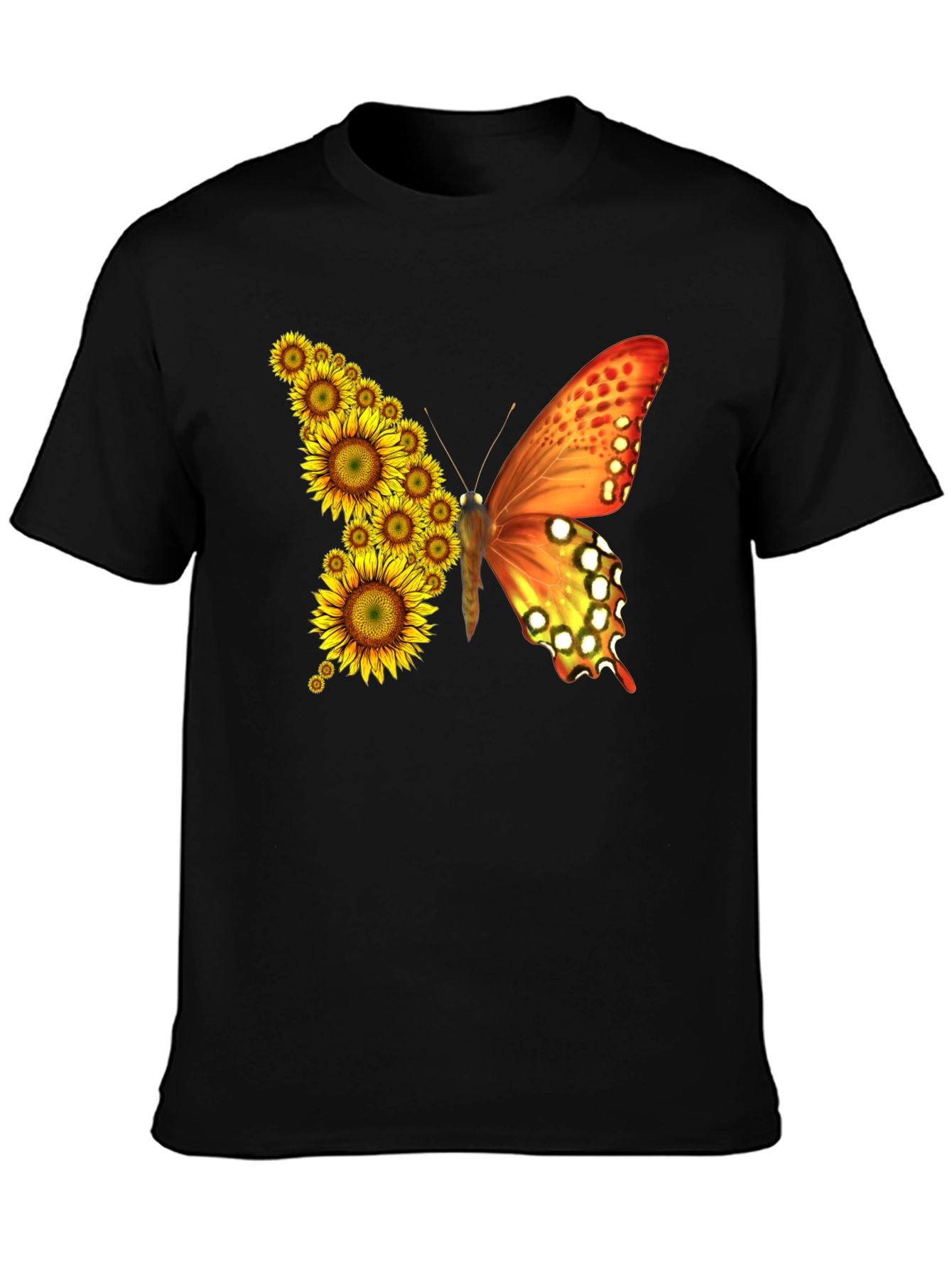 Sunflower Butterfly Graphic Tee - Black Cotton Blend Shirt