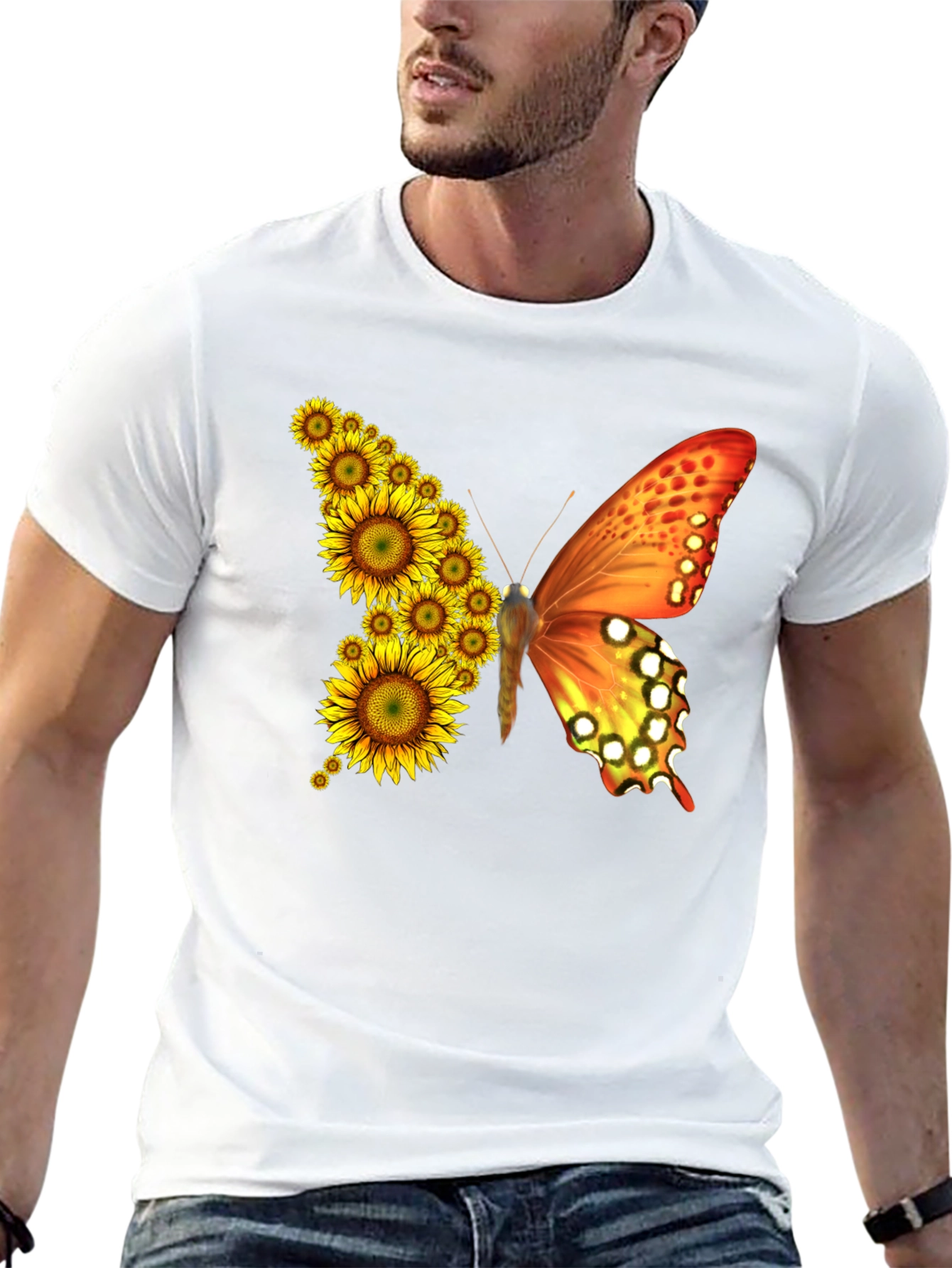 Sunflower Butterfly Graphic Tee - Black Cotton Blend Shirt