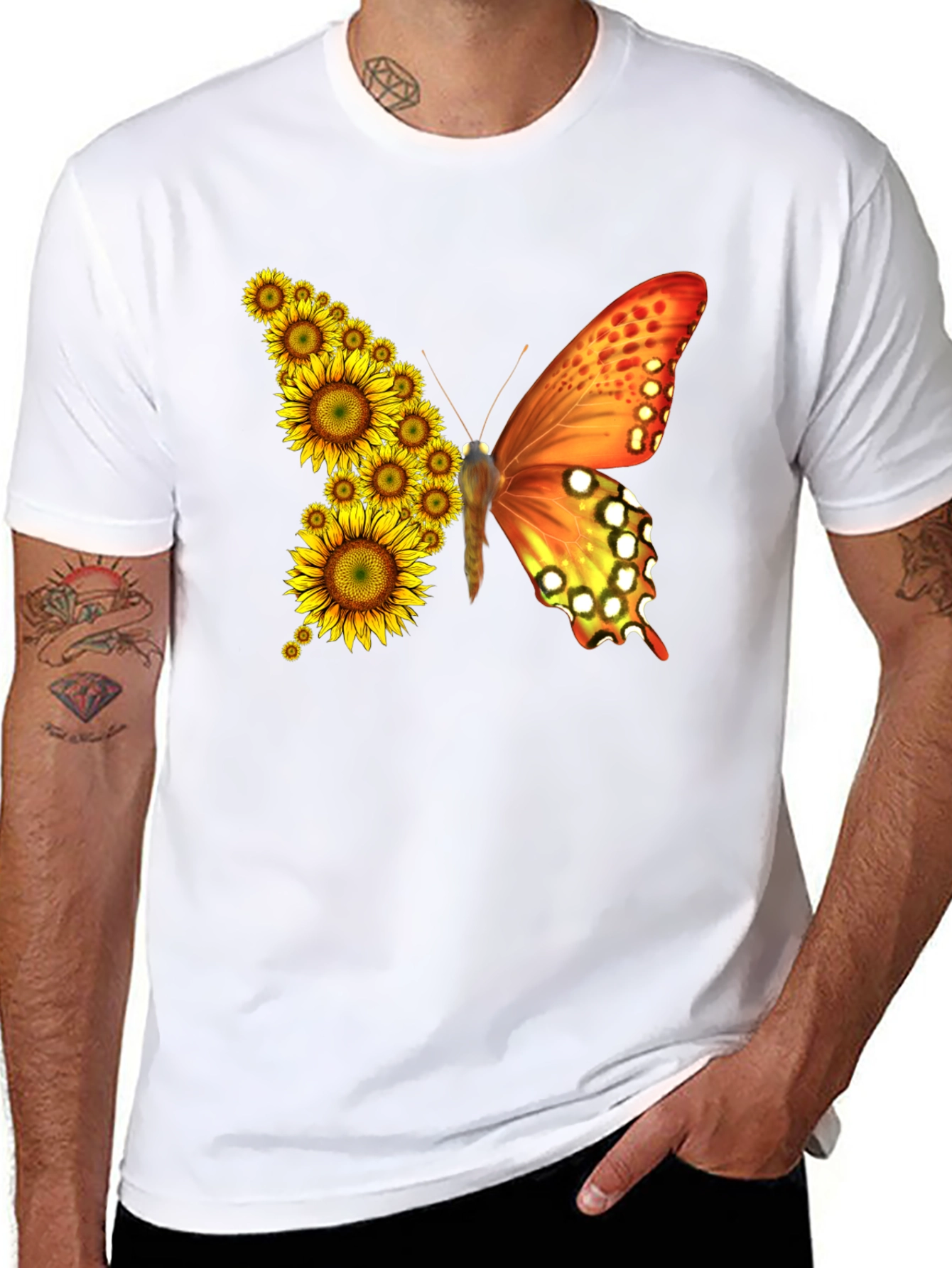 Sunflower Butterfly Graphic Tee - Black Cotton Blend Shirt