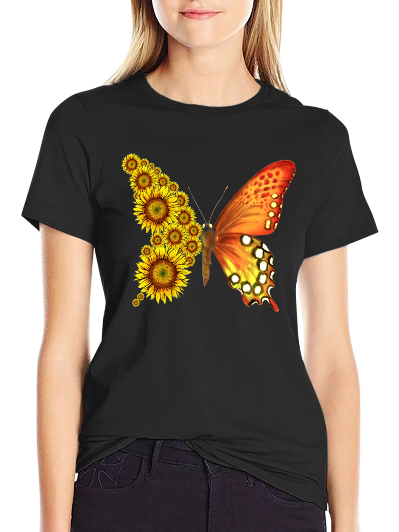 Sunflower Butterfly Graphic Tee - Black Cotton Blend Shirt