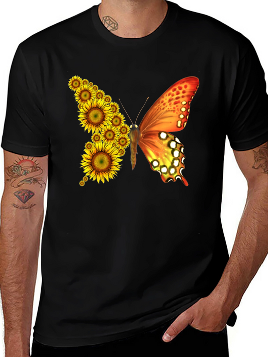 Sunflower Butterfly Graphic Tee - Black Cotton Blend Shirt