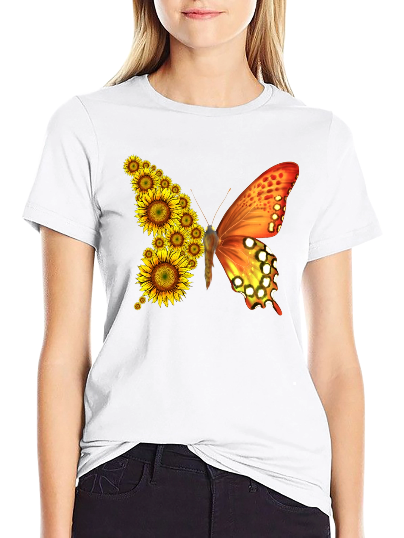 Sunflower Butterfly Graphic Tee - Black Cotton Blend Shirt
