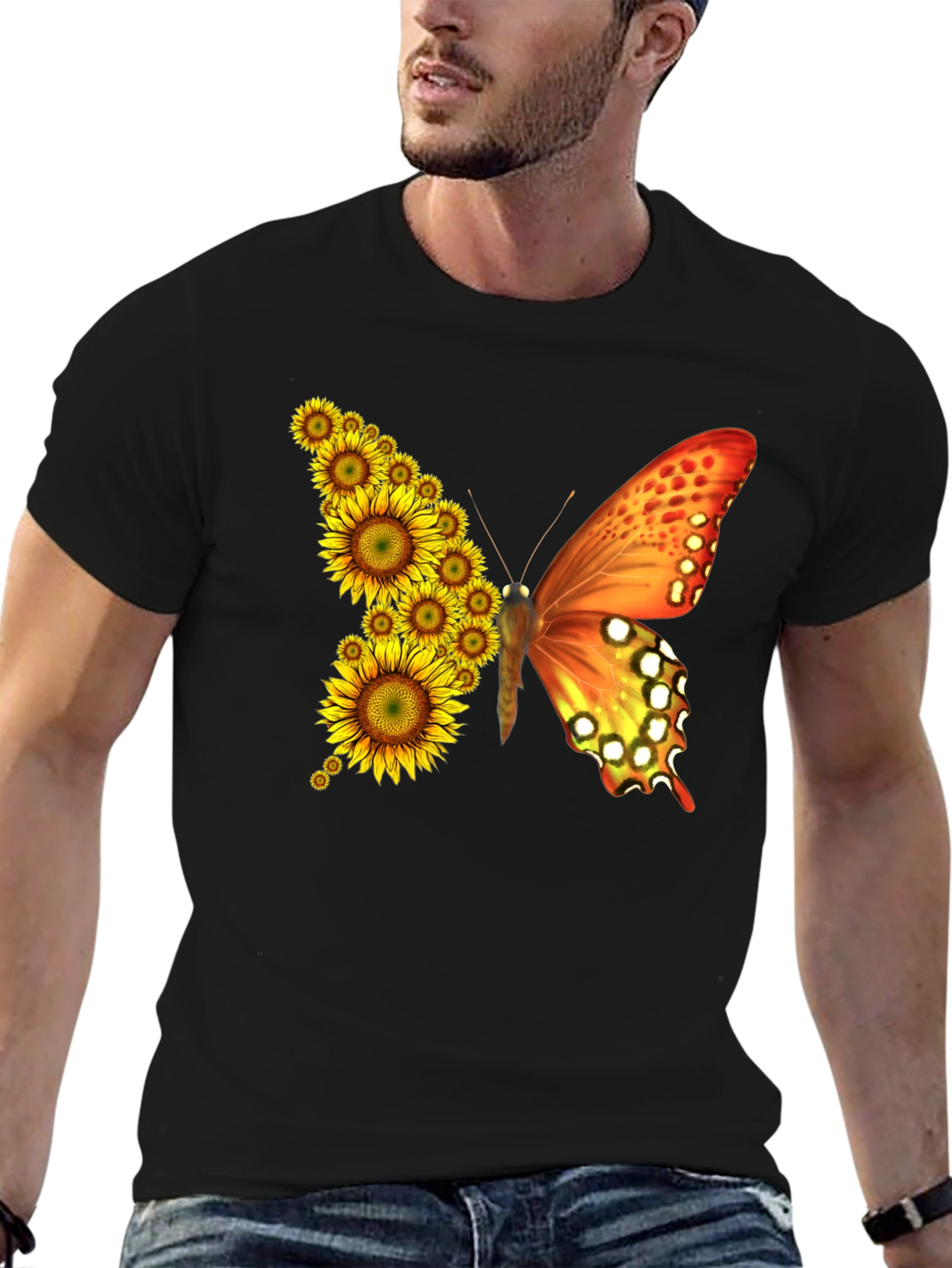 Sunflower Butterfly Graphic Tee - Black Cotton Blend Shirt