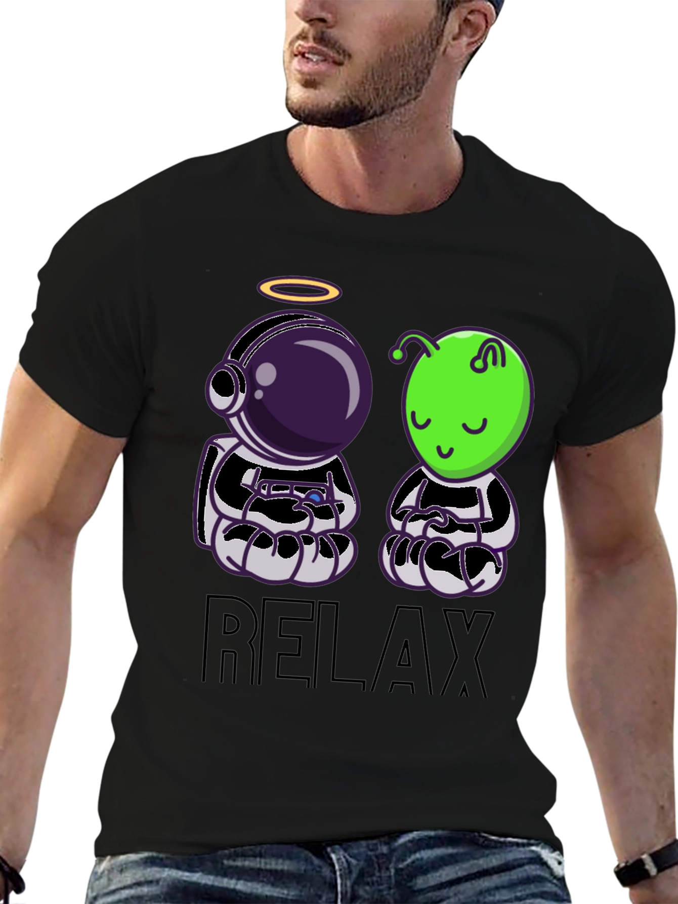 Relax Astronaut & Alien Black T-Shirt