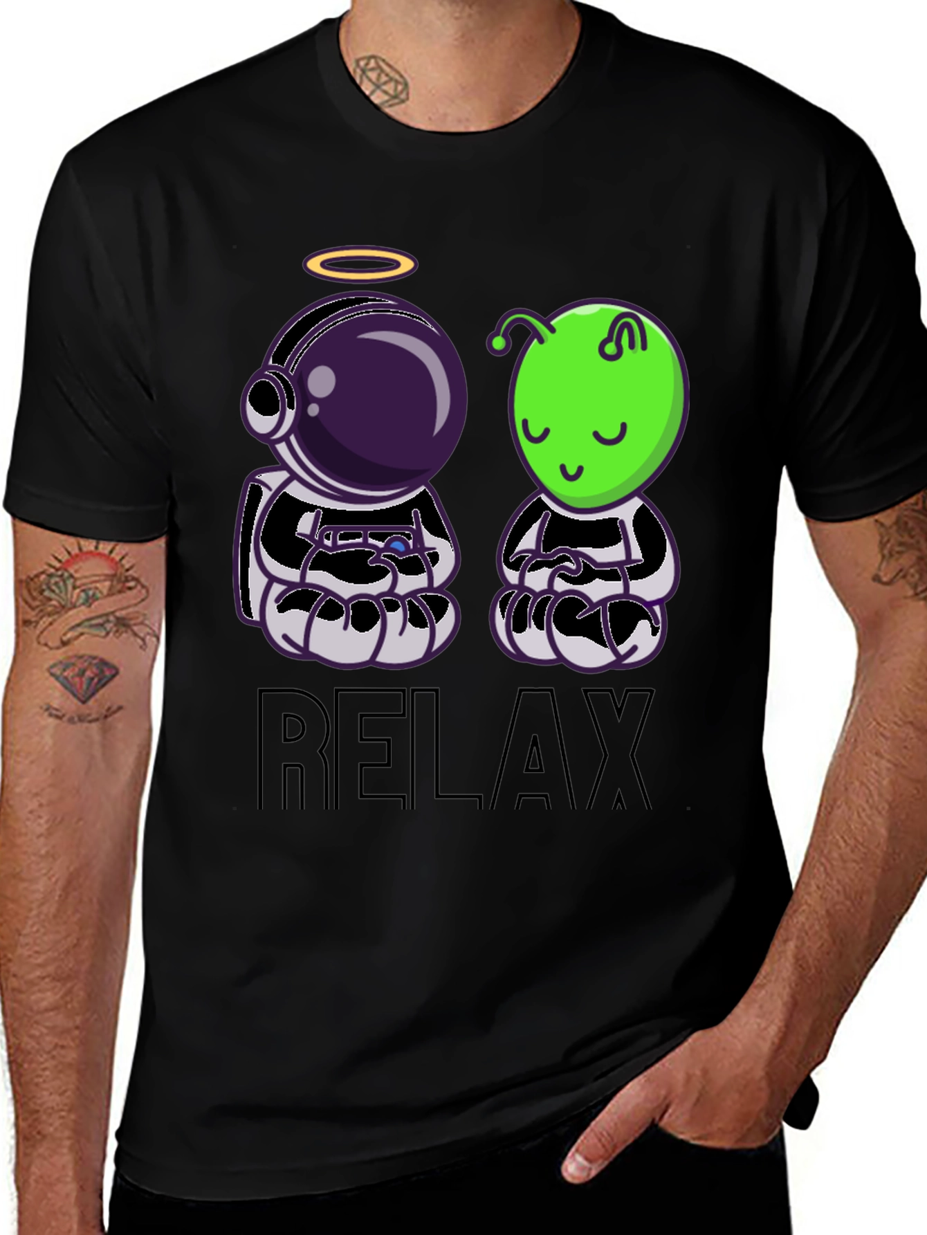 Relax Astronaut & Alien Black T-Shirt
