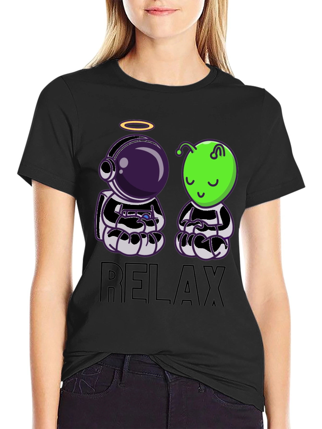 Relax Astronaut & Alien Black T-Shirt
