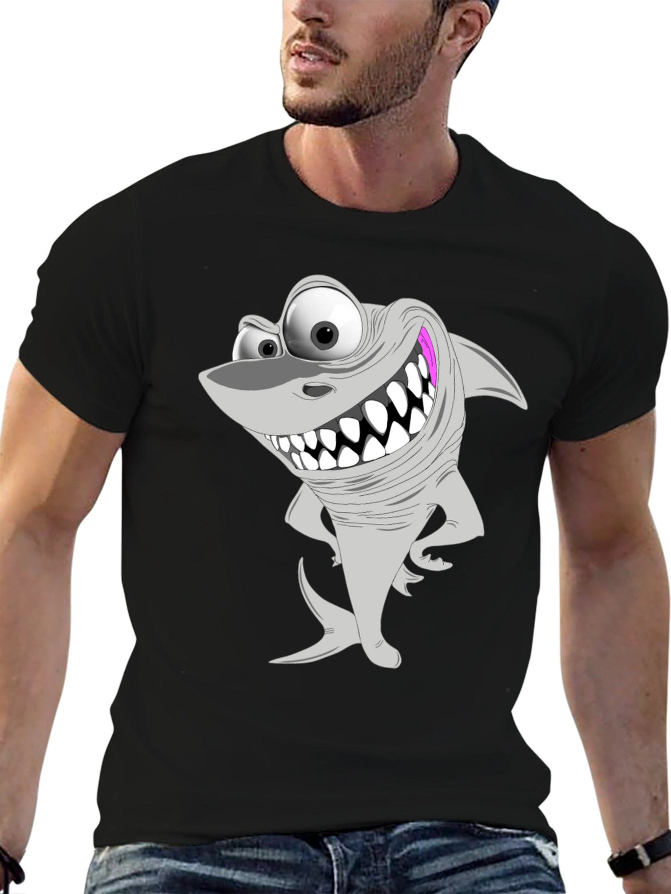 Cartoon Shark Graphic Tee - Black Cotton T-Shirt