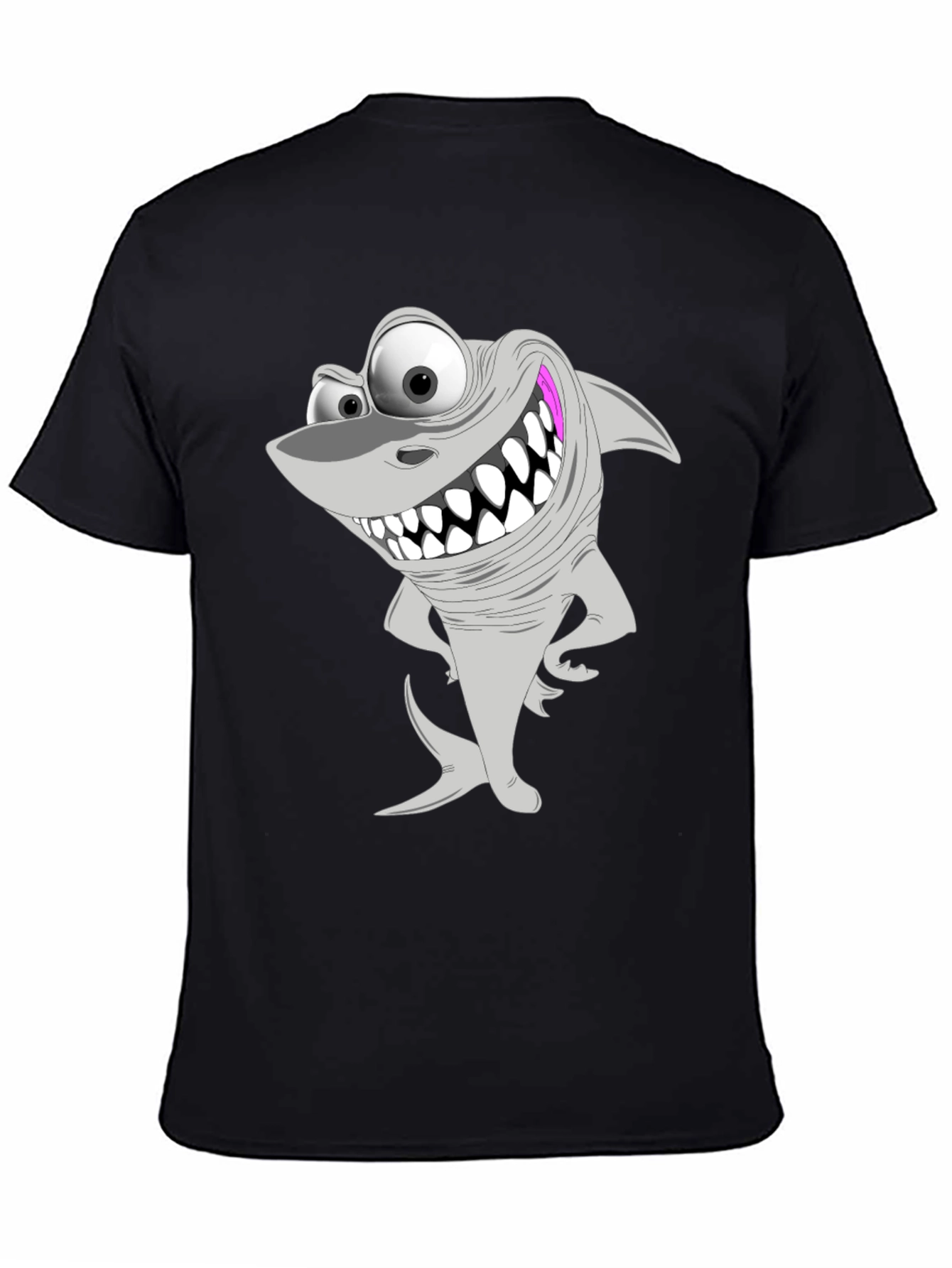 Cartoon Shark Graphic Tee - Black Cotton T-Shirt