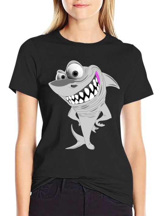 Cartoon Shark Graphic Tee - Black Cotton T-Shirt