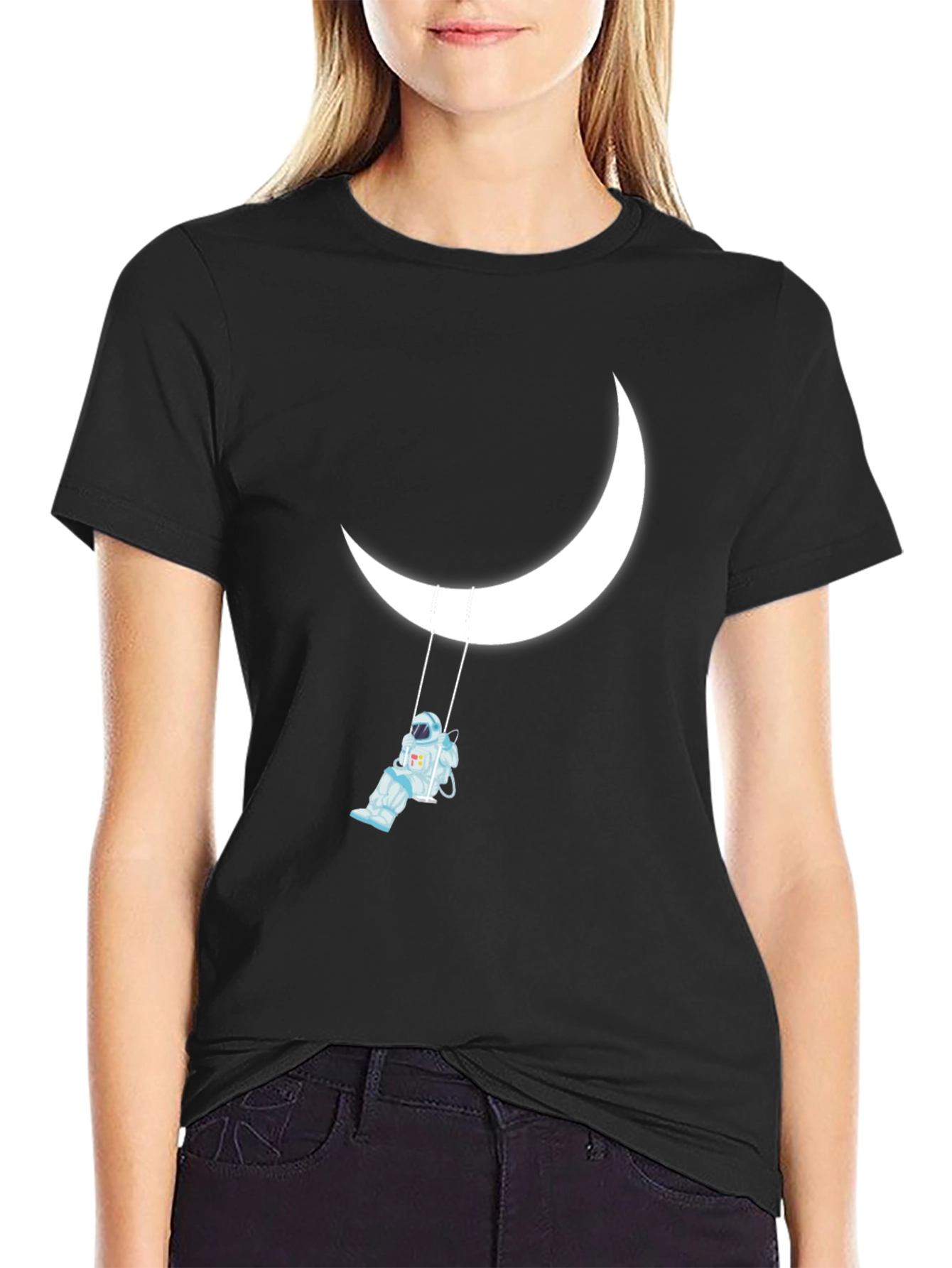 Astronaut on Moon Swing Black Graphic Tee