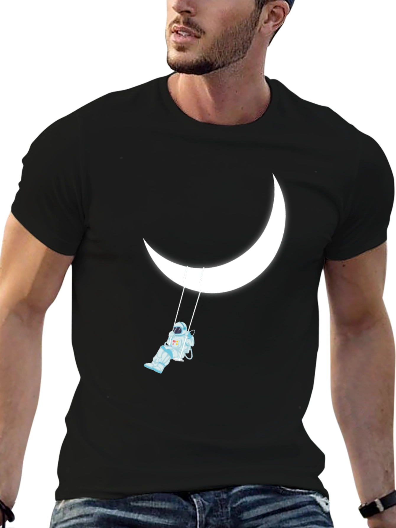 Astronaut on Moon Swing Black Graphic Tee