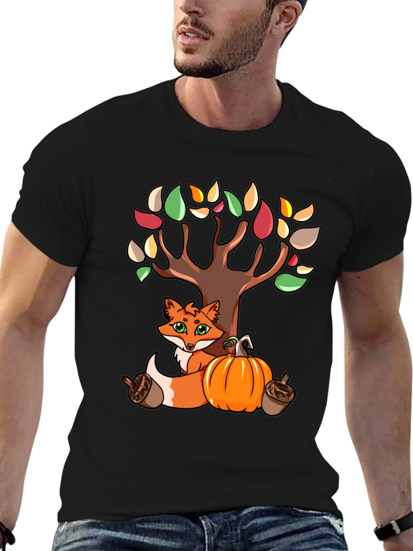 Autumn Fox & Tree Black T-Shirt