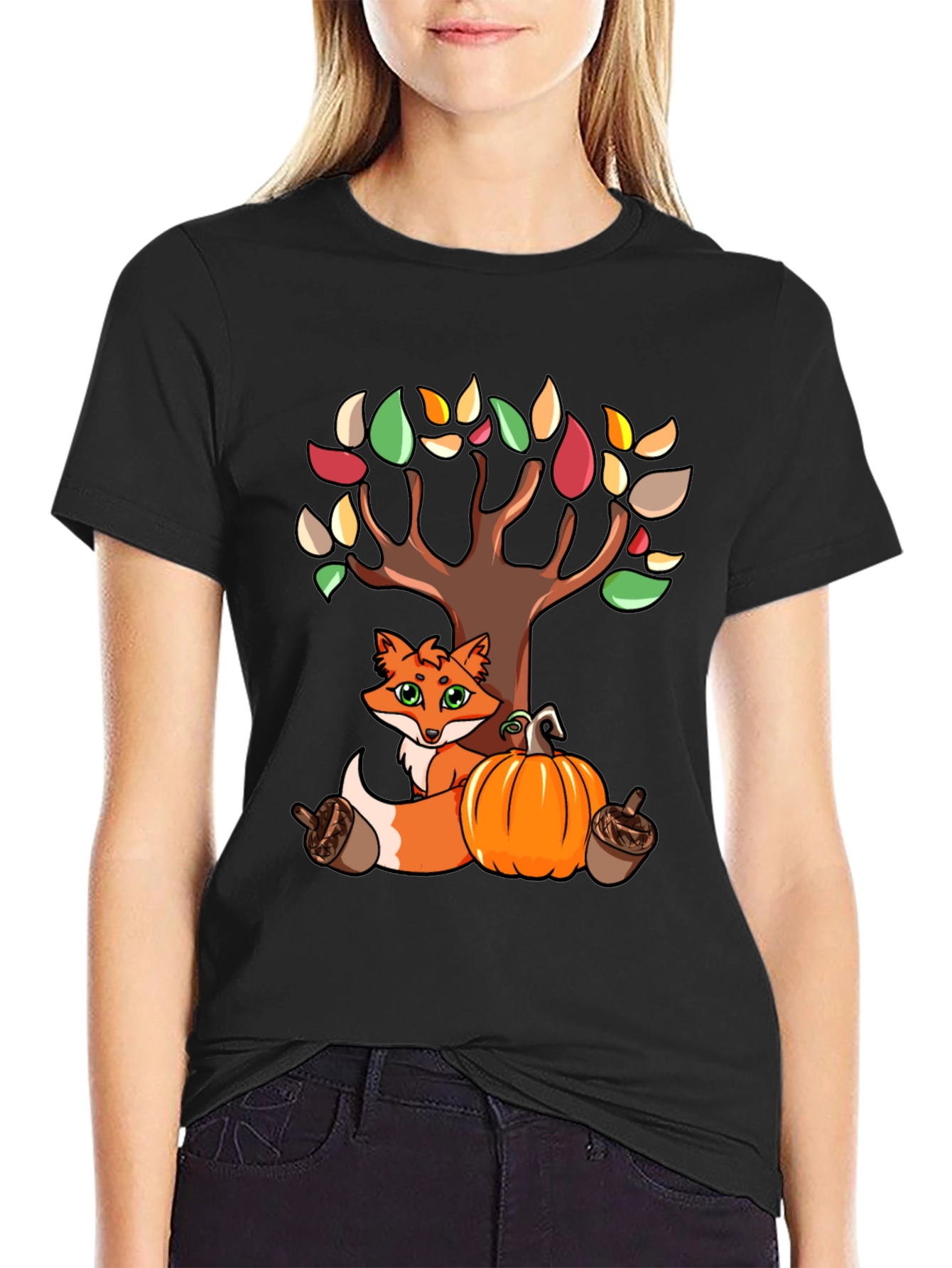 Autumn Fox & Tree Black T-Shirt