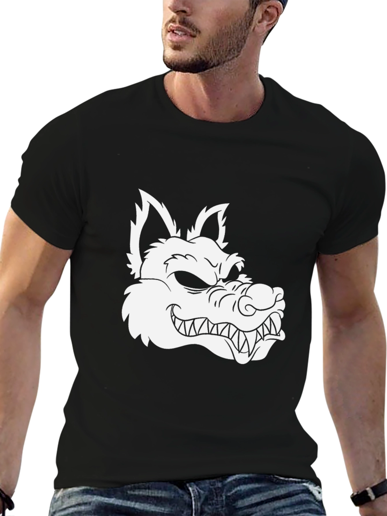 Mens Black T-Shirt with Wolf Graphic Print