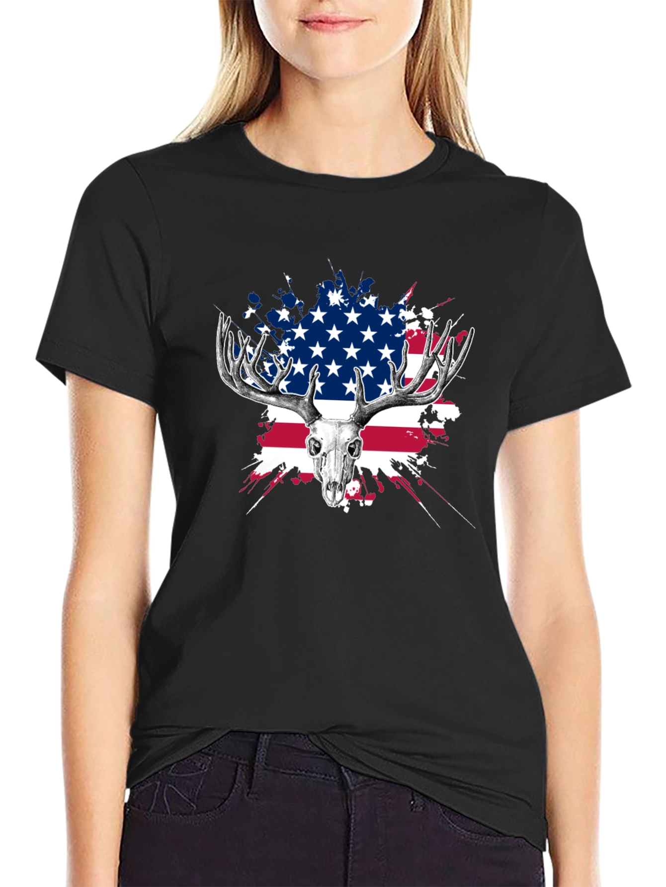 Deer Skull USA Flag Graphic T-Shirt