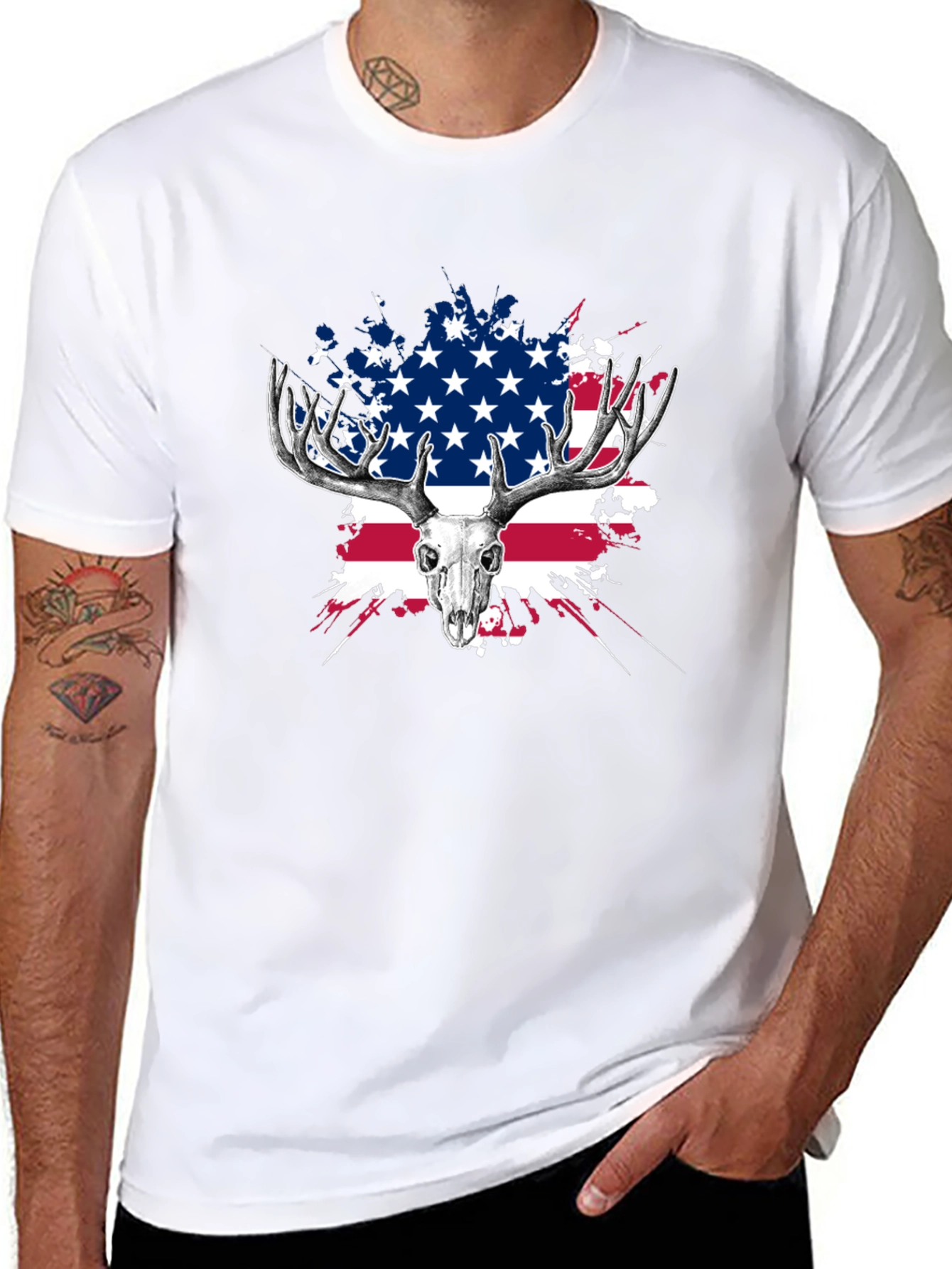 Deer Skull USA Flag Graphic T-Shirt