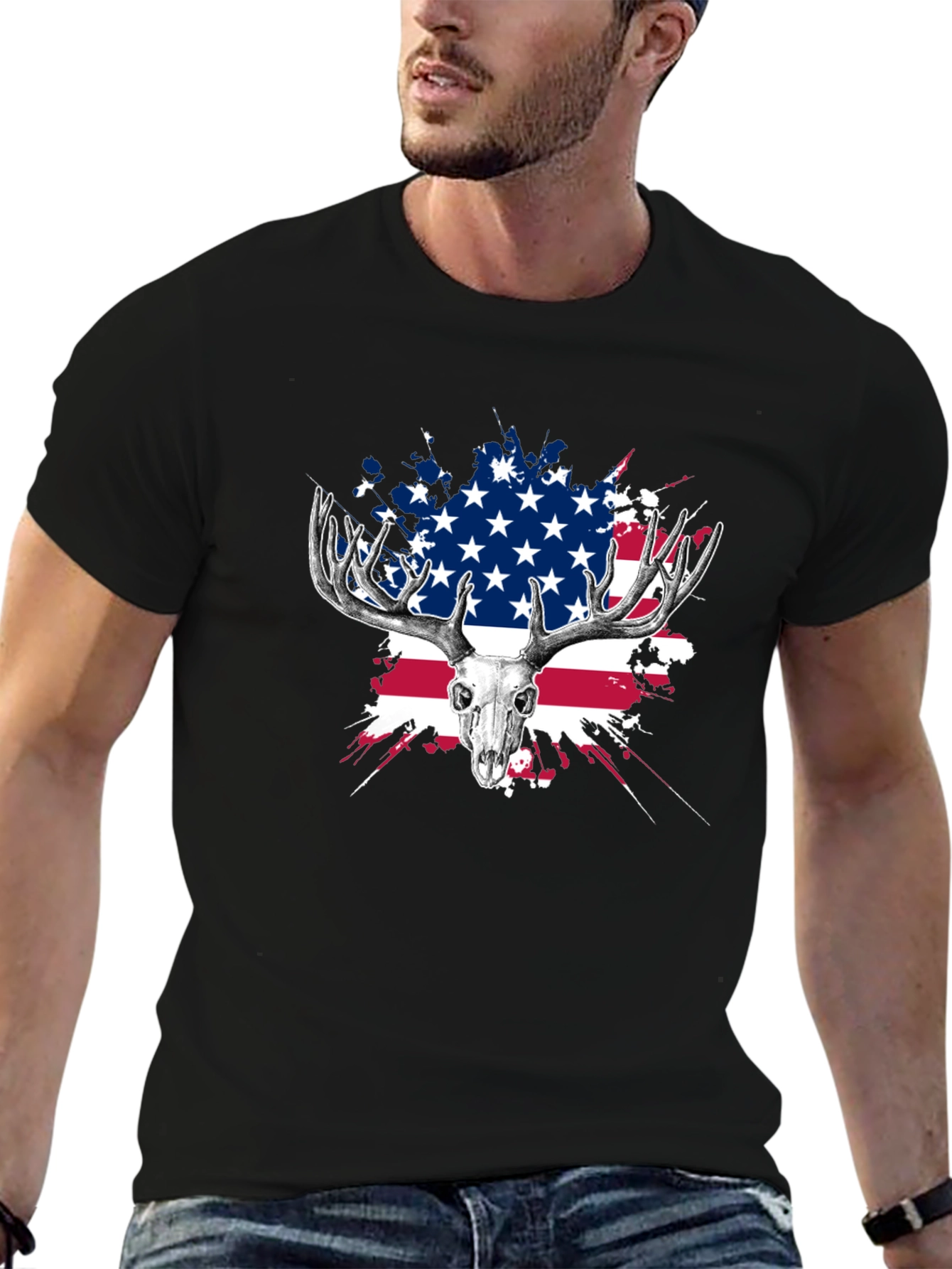 Deer Skull USA Flag Graphic T-Shirt