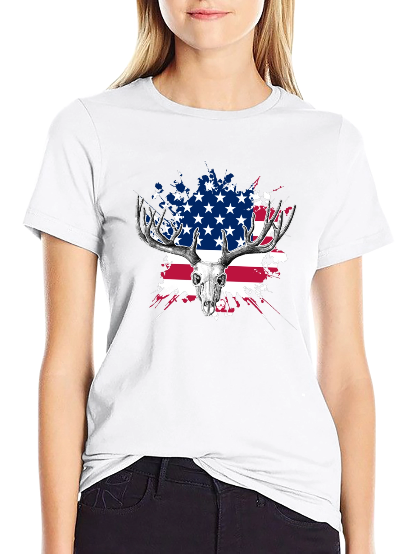 Deer Skull USA Flag Graphic T-Shirt
