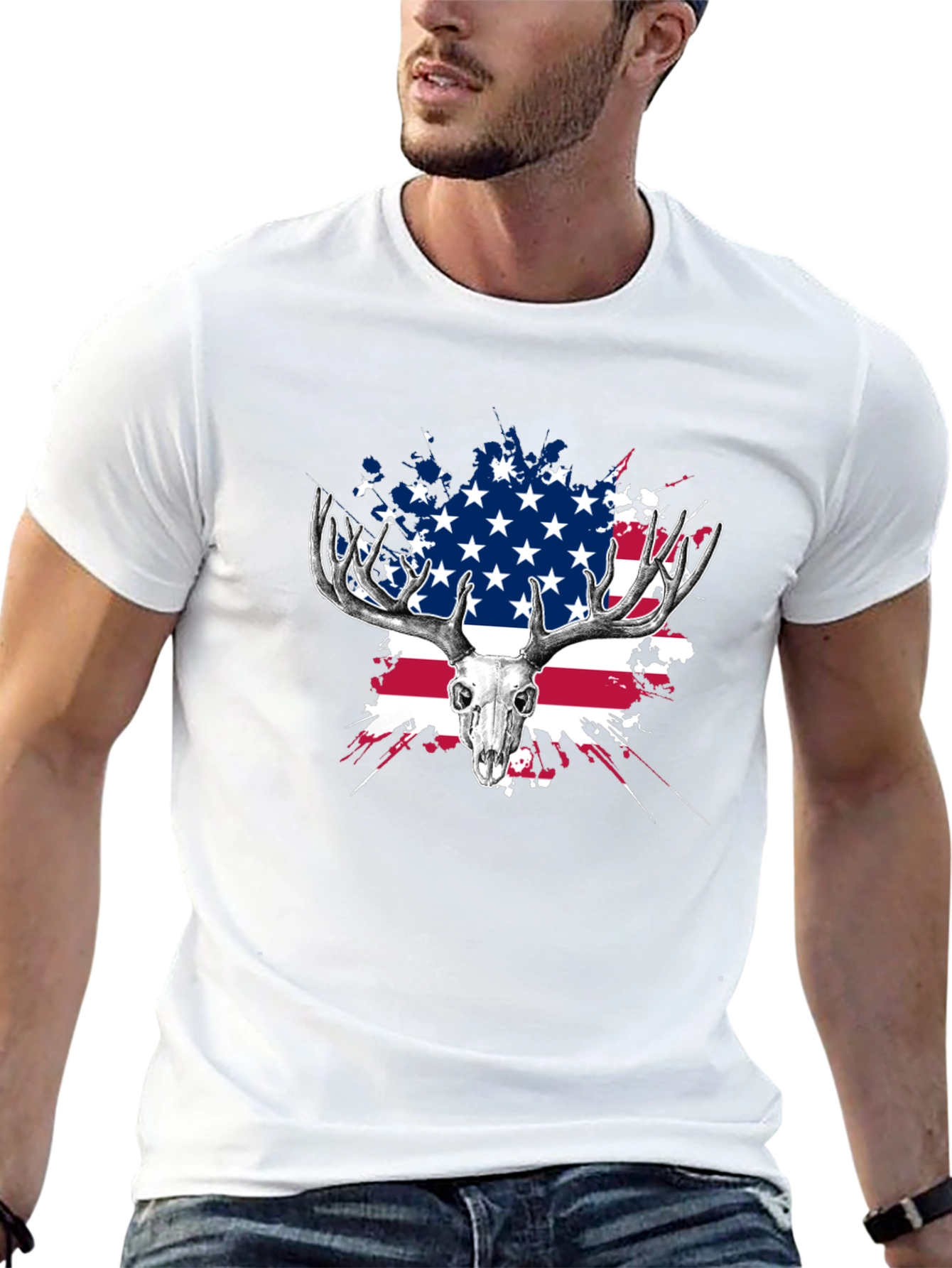 Deer Skull USA Flag Graphic T-Shirt