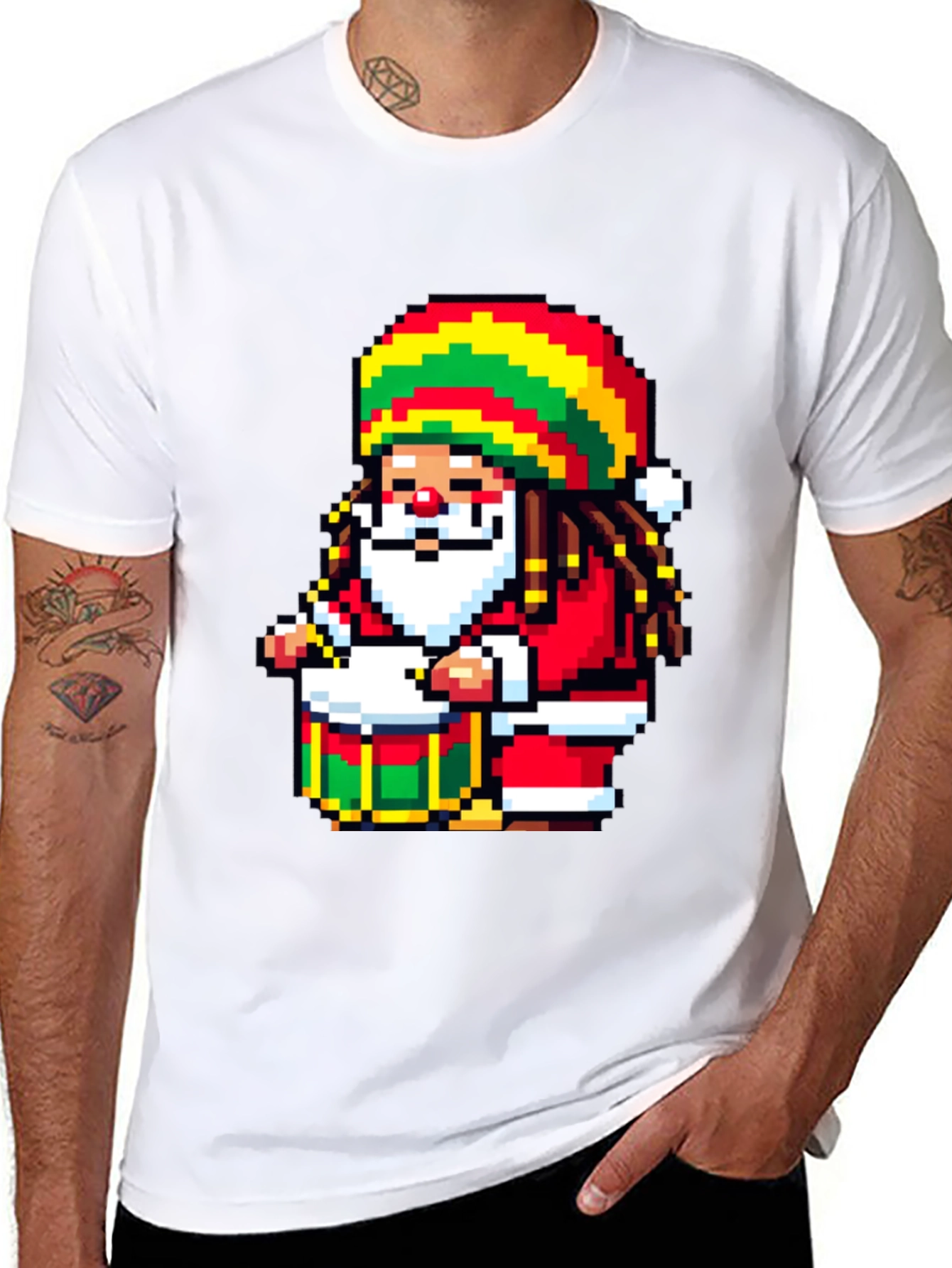 Rasta Santa Pixel Art T-Shirt - Holiday Reggae Vibes