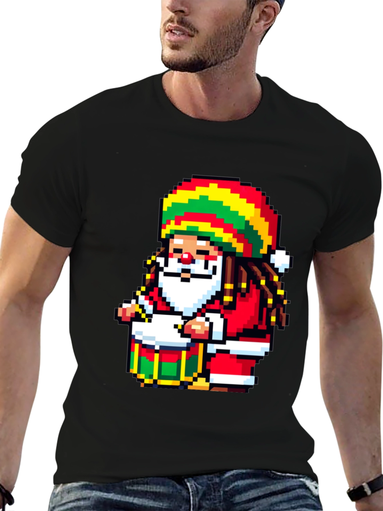 Rasta Santa Pixel Art T-Shirt - Holiday Reggae Vibes