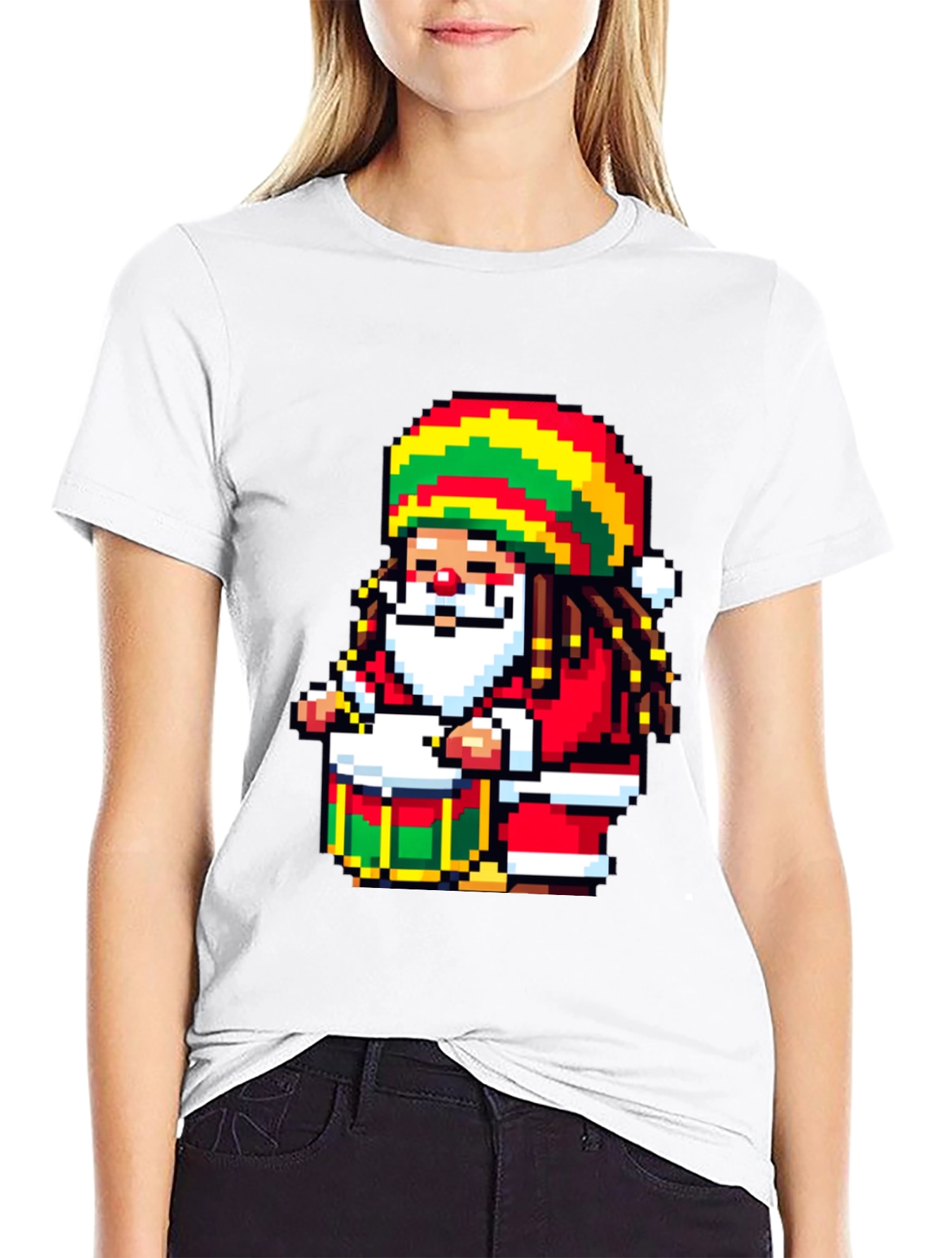 Rasta Santa Pixel Art T-Shirt - Holiday Reggae Vibes