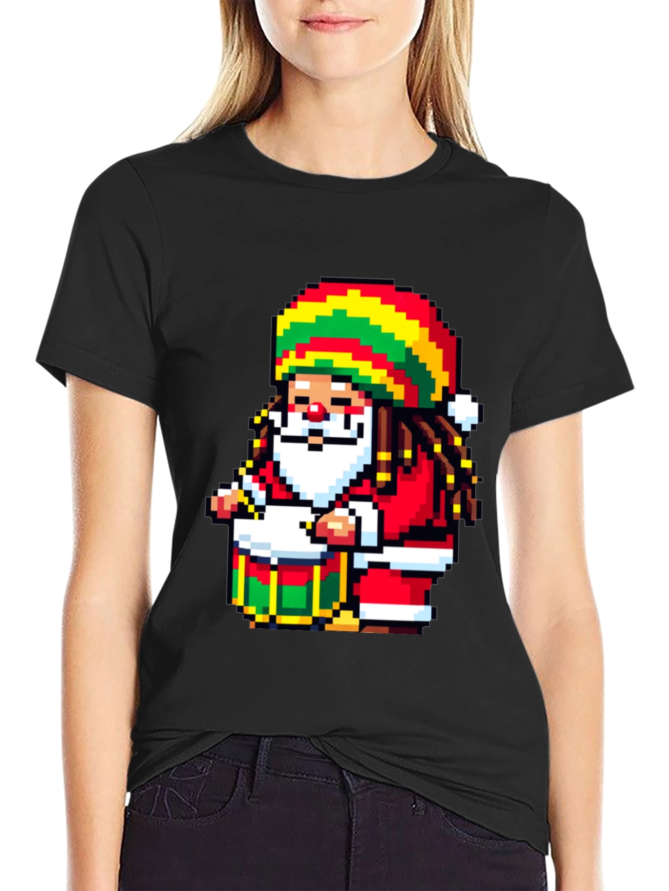Rasta Santa Pixel Art T-Shirt - Holiday Reggae Vibes