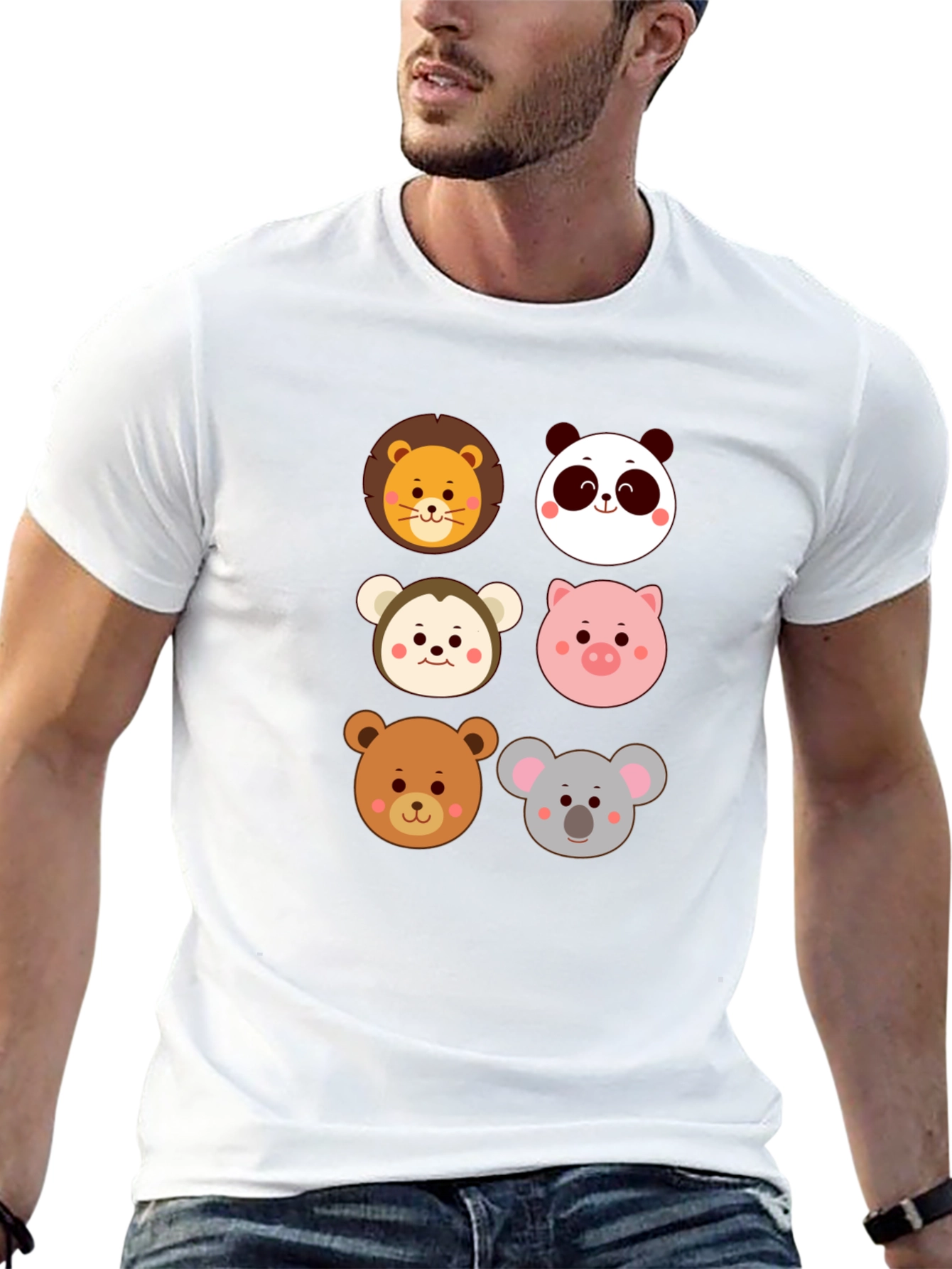 Cute Animal Faces Graphic Black T-Shirt