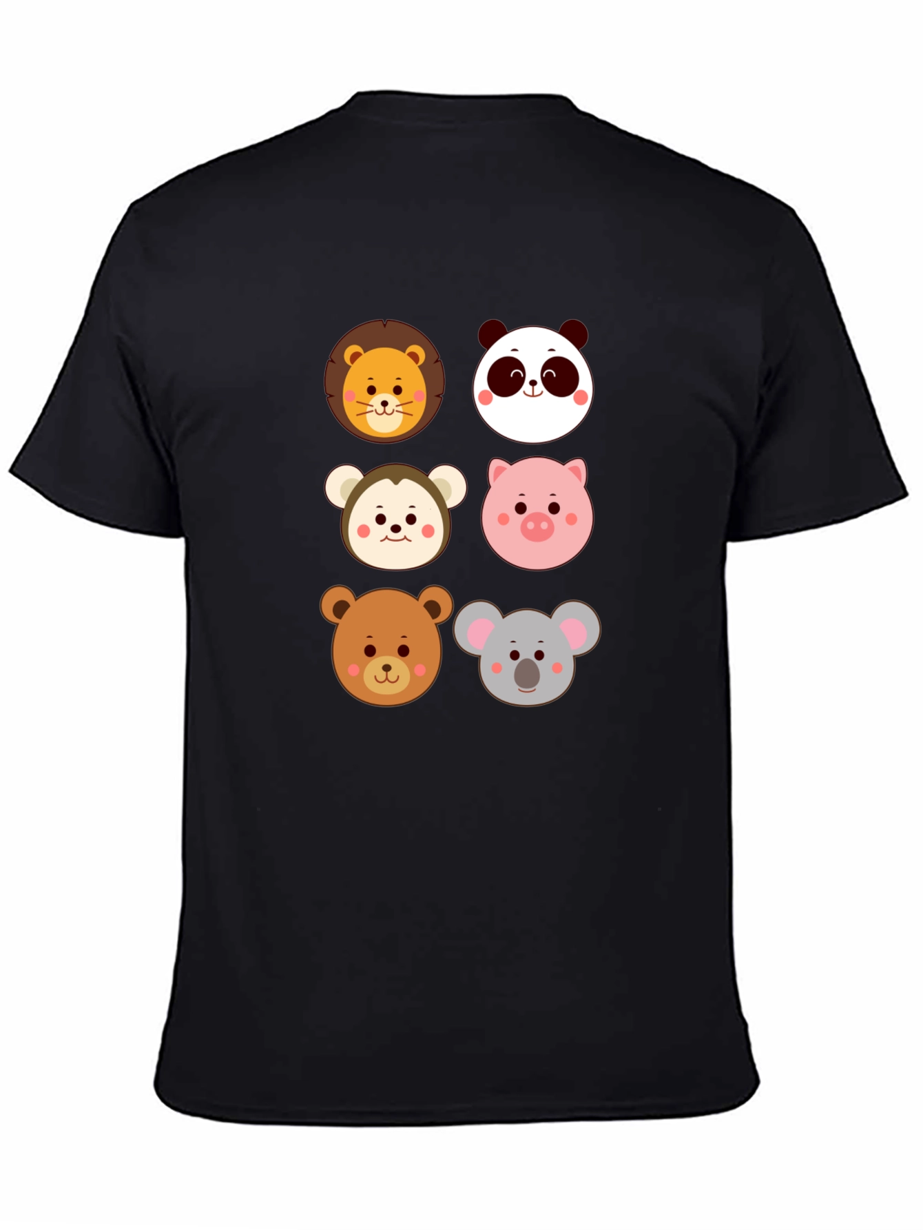 Cute Animal Faces Graphic Black T-Shirt