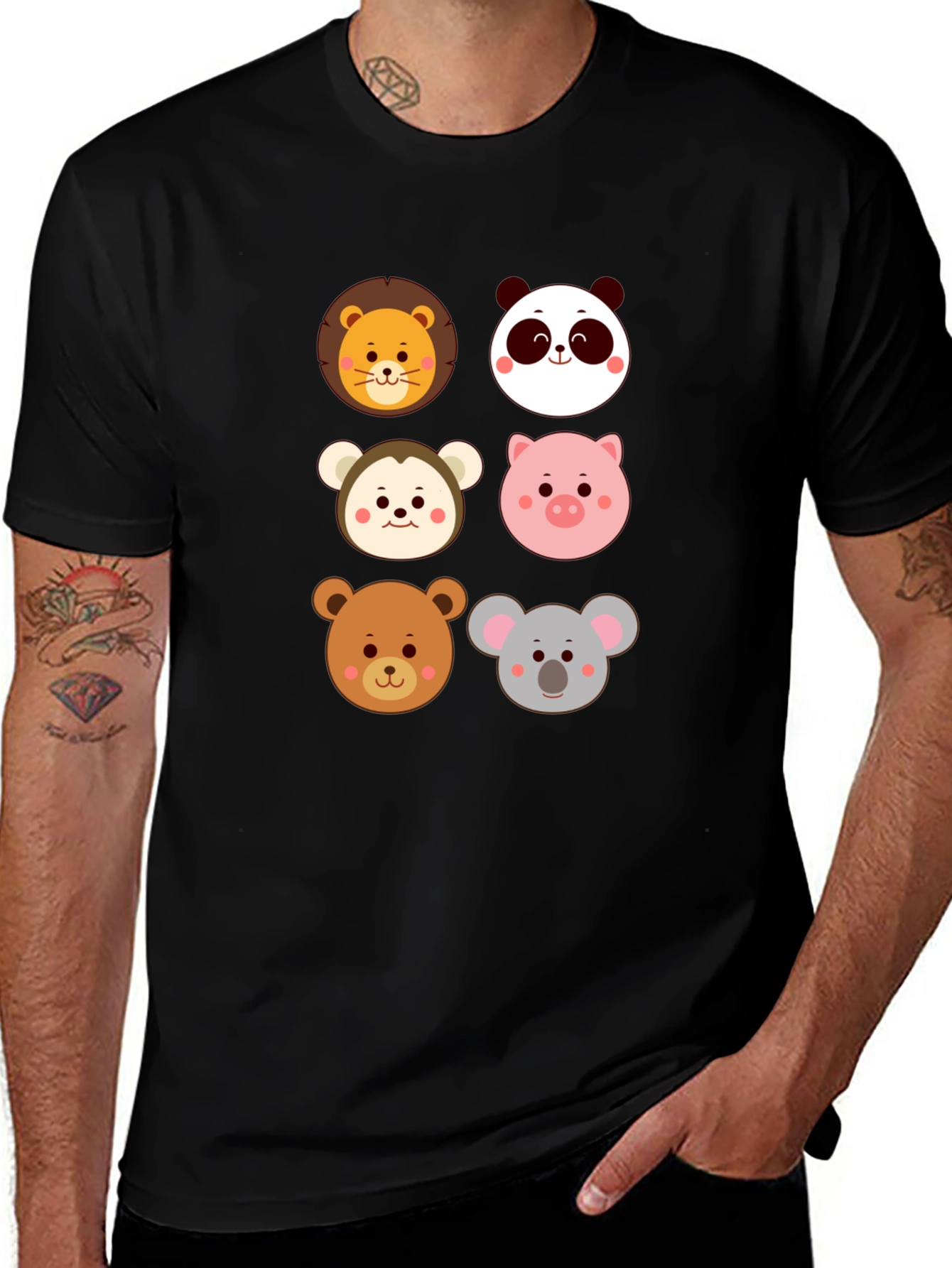 Cute Animal Faces Graphic Black T-Shirt