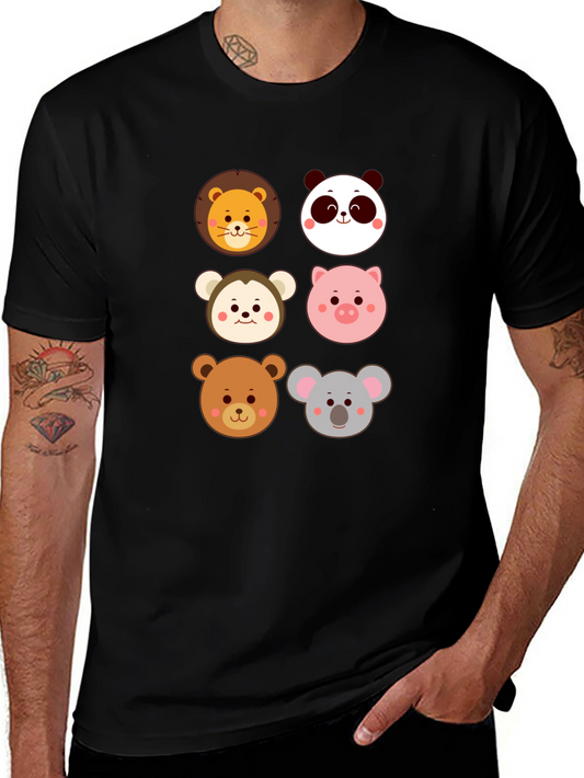 Cute Animal Faces Graphic Black T-Shirt
