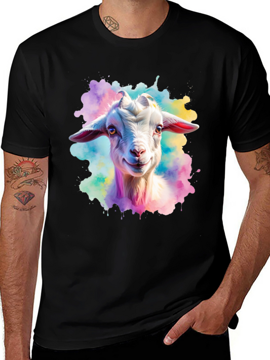 Goat Watercolor Graphic Print Black T-Shirt