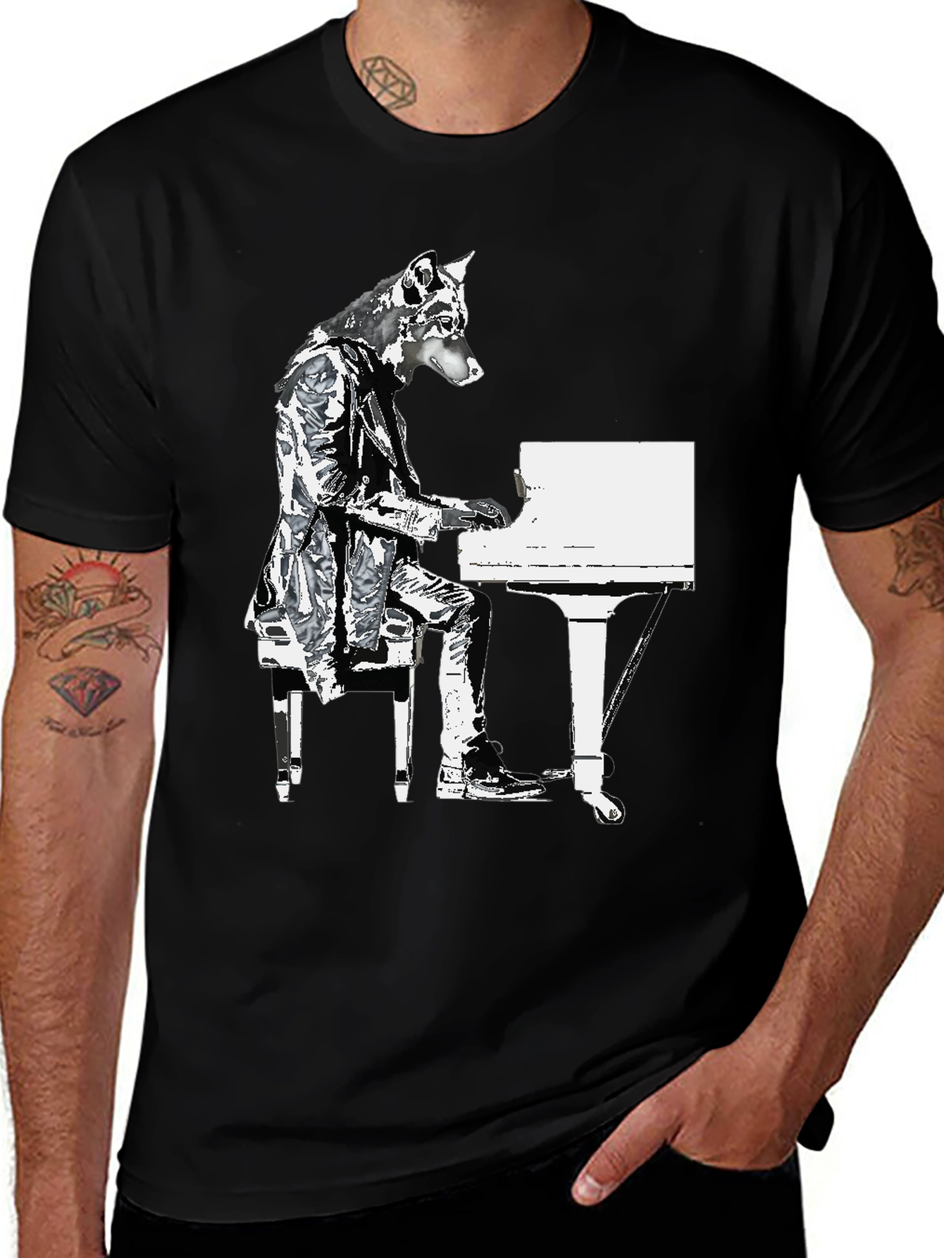 Piano Dog Graphic T-Shirt - Black