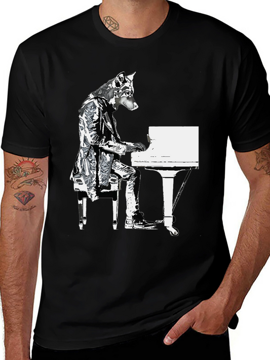 Piano Dog Graphic T-Shirt - Black