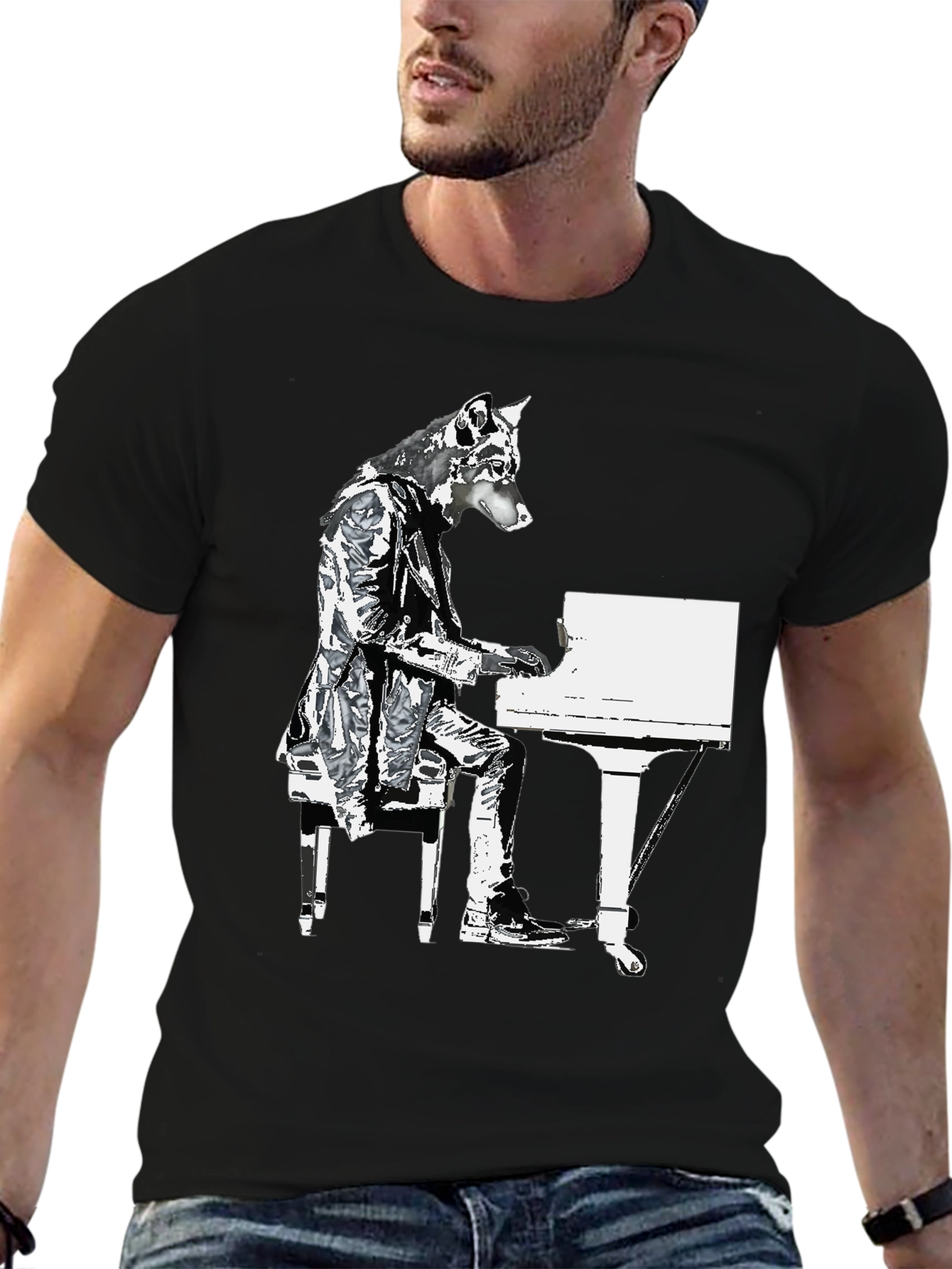 Piano Dog Graphic T-Shirt - Black