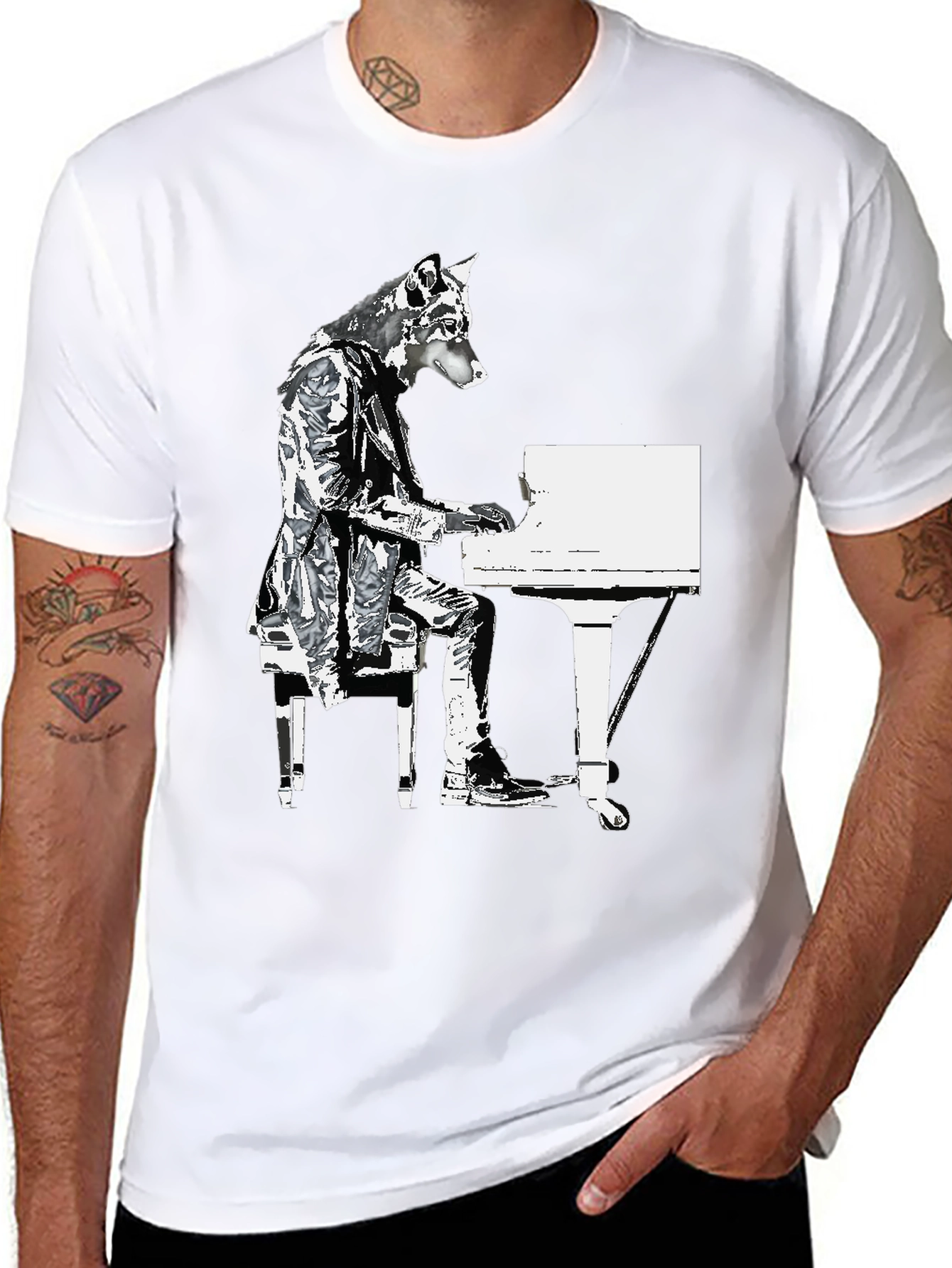 Piano Dog Graphic T-Shirt - Black