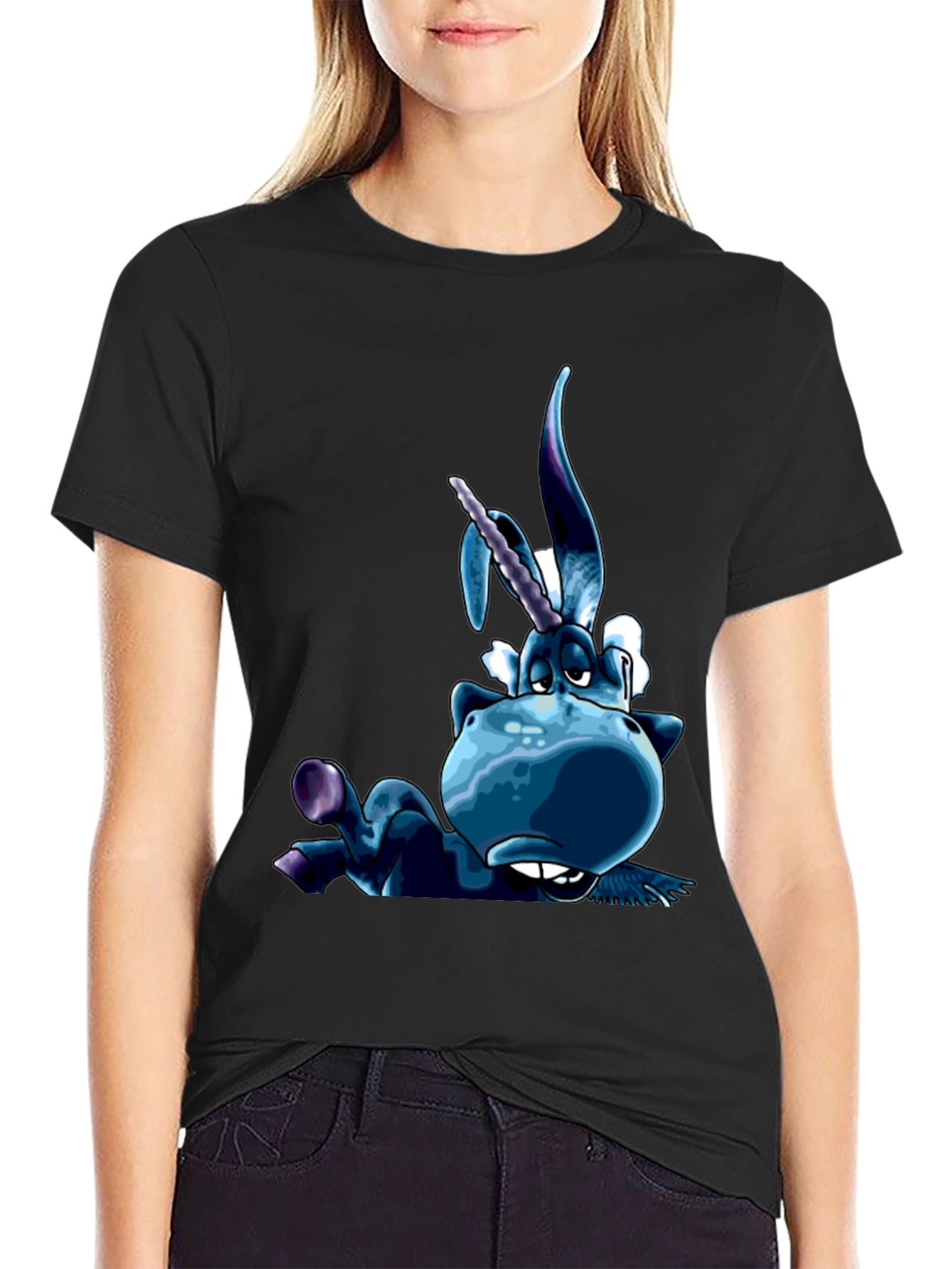 Unicorn Cartoon Graphic Black T-Shirt