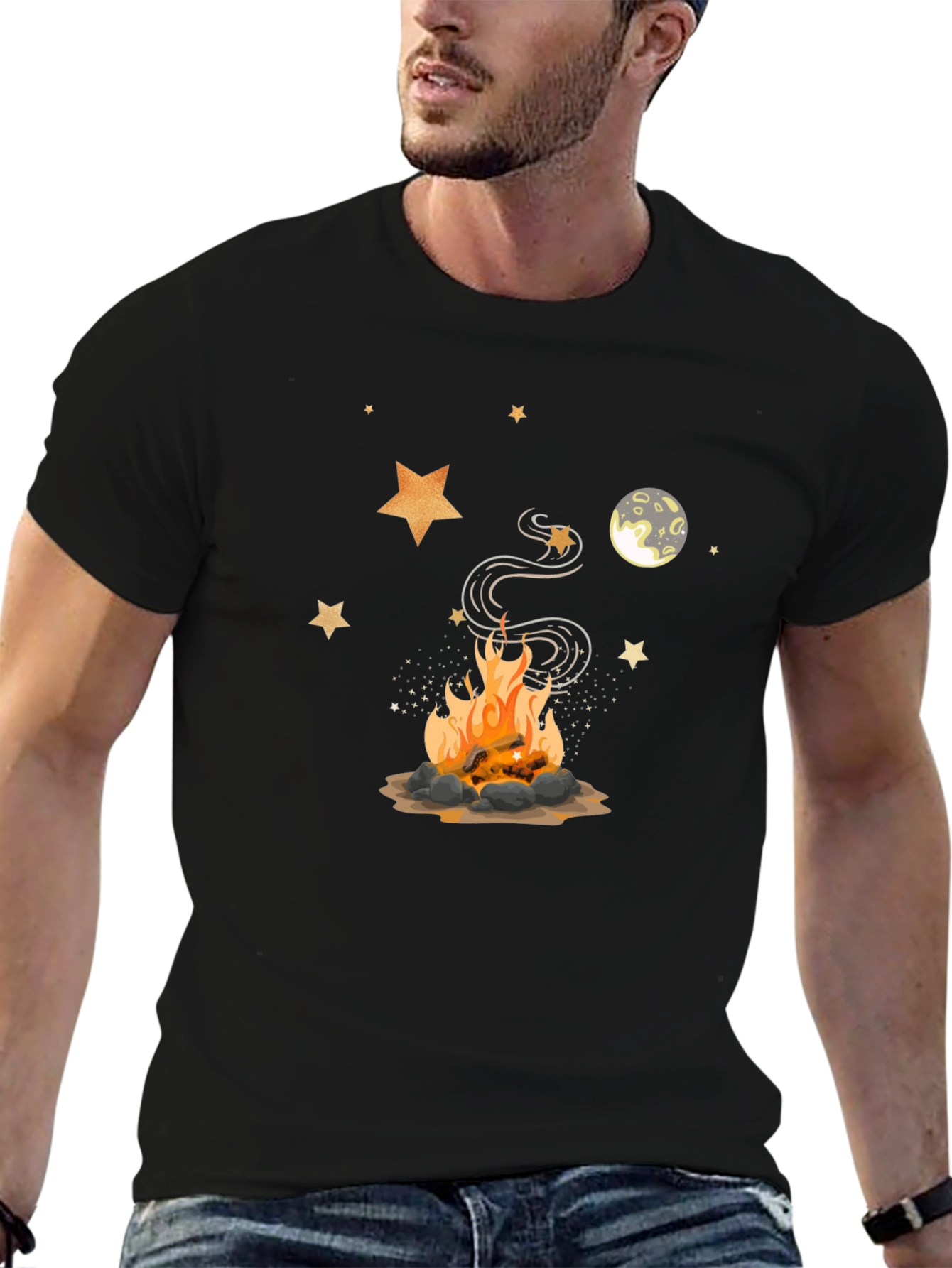 Campfire Design Black Tee - Cozy Night Shirt