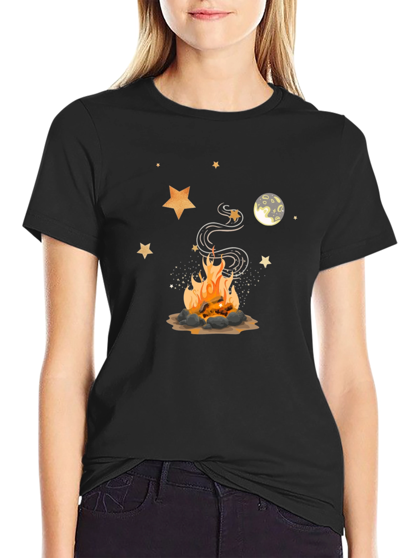 Campfire Design Black Tee - Cozy Night Shirt