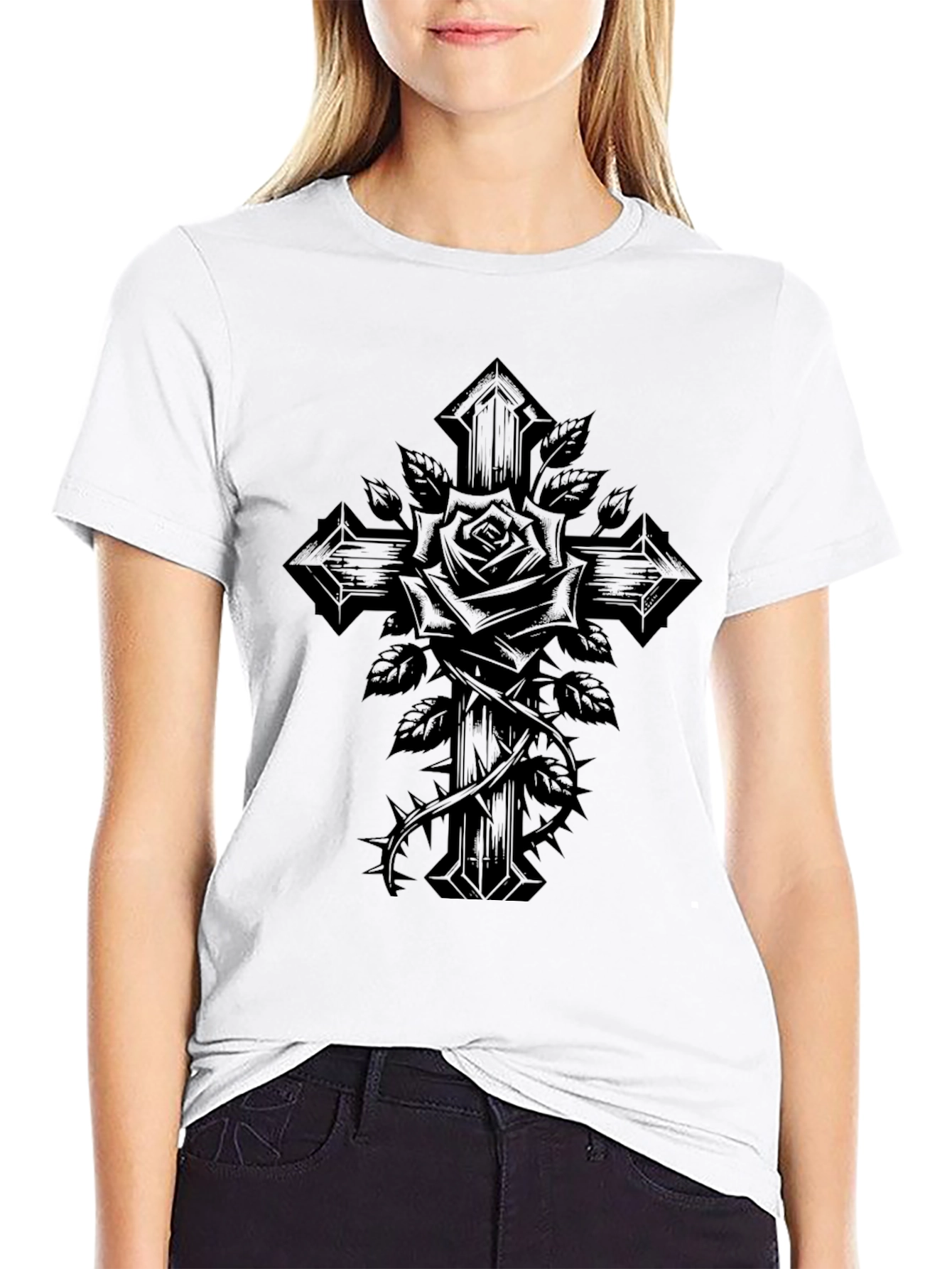 Gothic Rose Cross Graphic Tee - Black