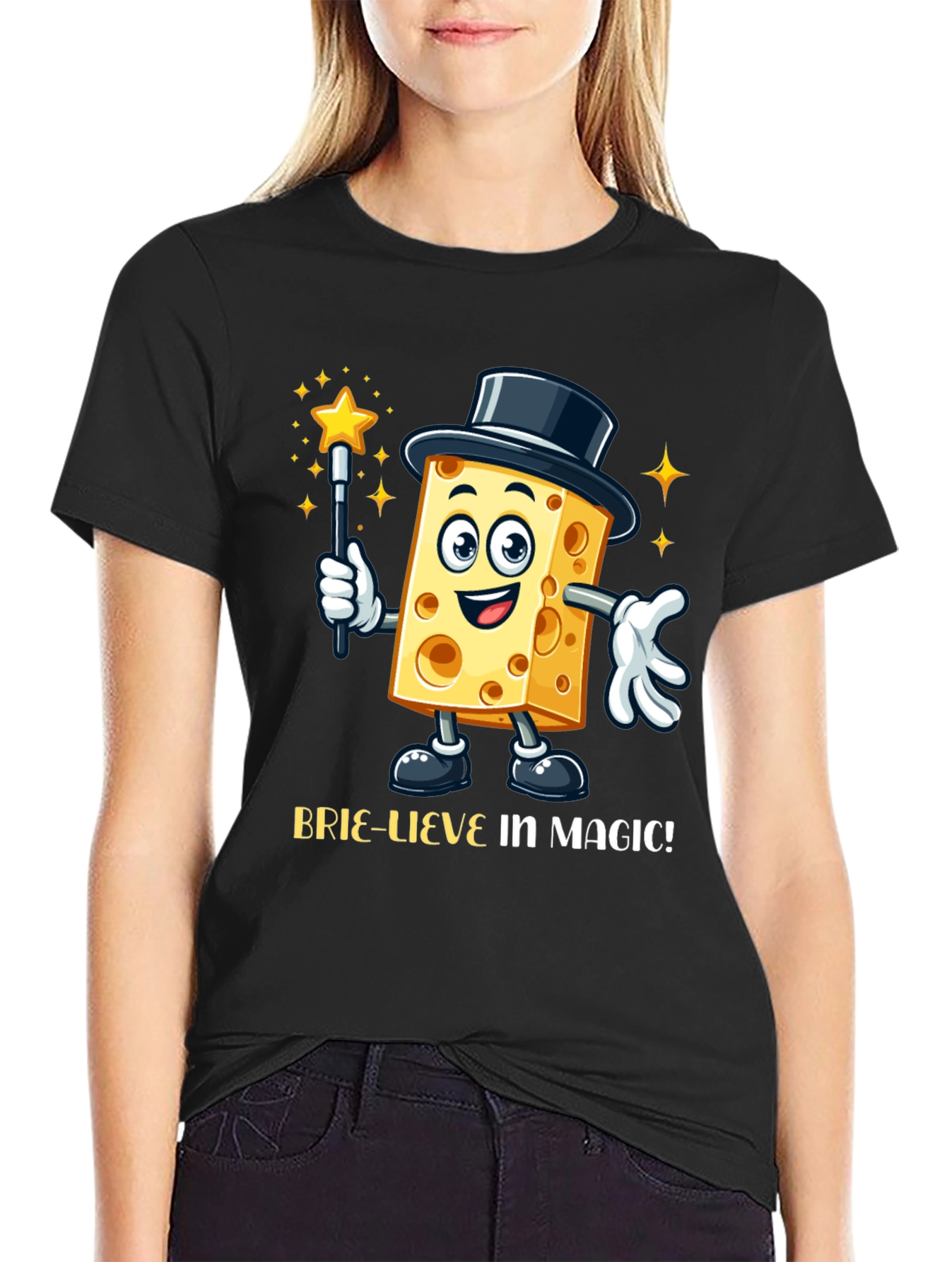 Magical Cheese Cartoon Black T-Shirt