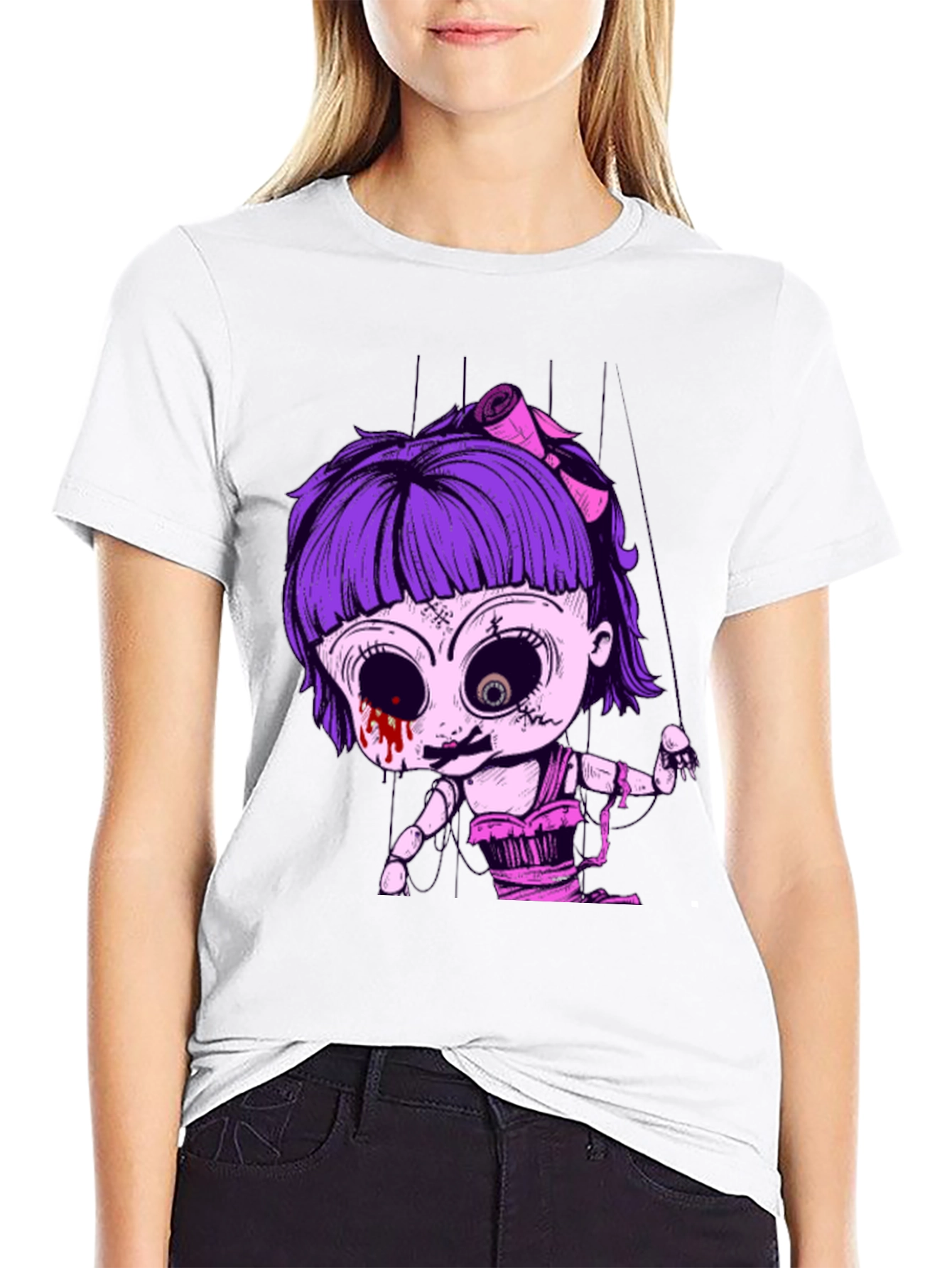 Creepy Doll Puppet Graphic Tee - Black Cotton T-Shirt