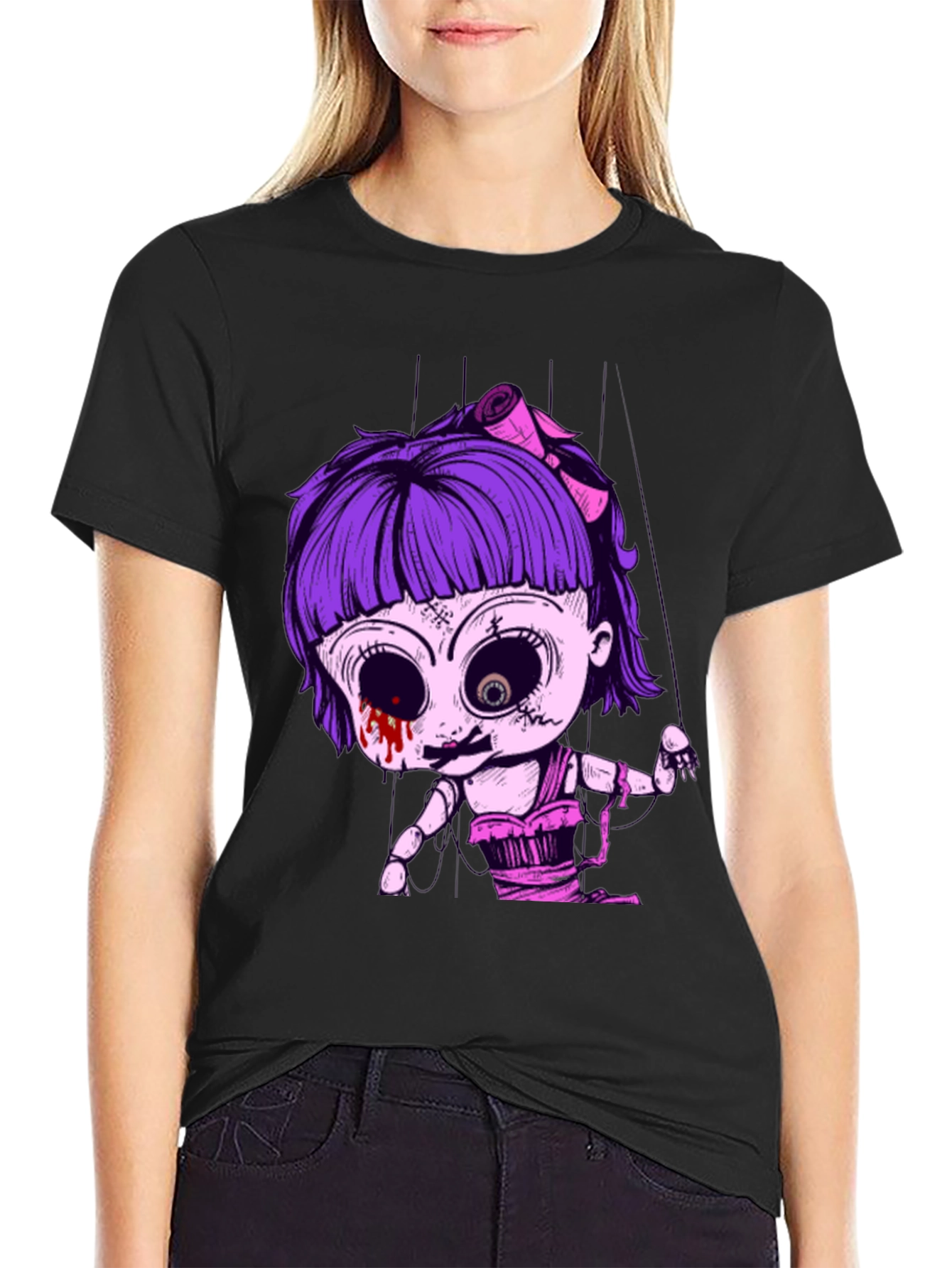 Creepy Doll Puppet Graphic Tee - Black Cotton T-Shirt